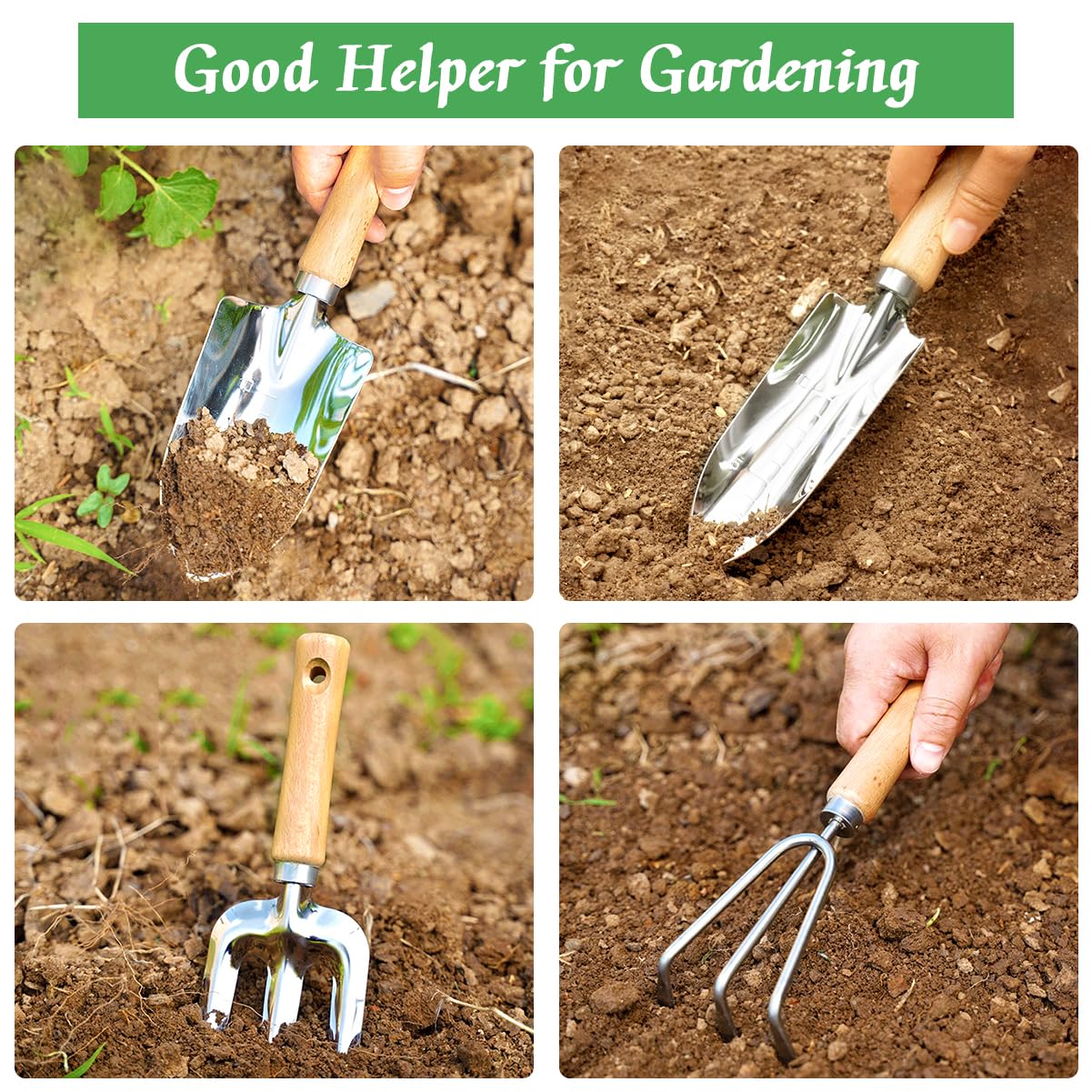 Garden Tool Set with Wood Handle, Aluminum Graduated Shovel, Garden Rake, Hand Fork, Transplant Shovel with Scale, 4Pcs Heavy Duty Hand Tools Set for Garden Planting