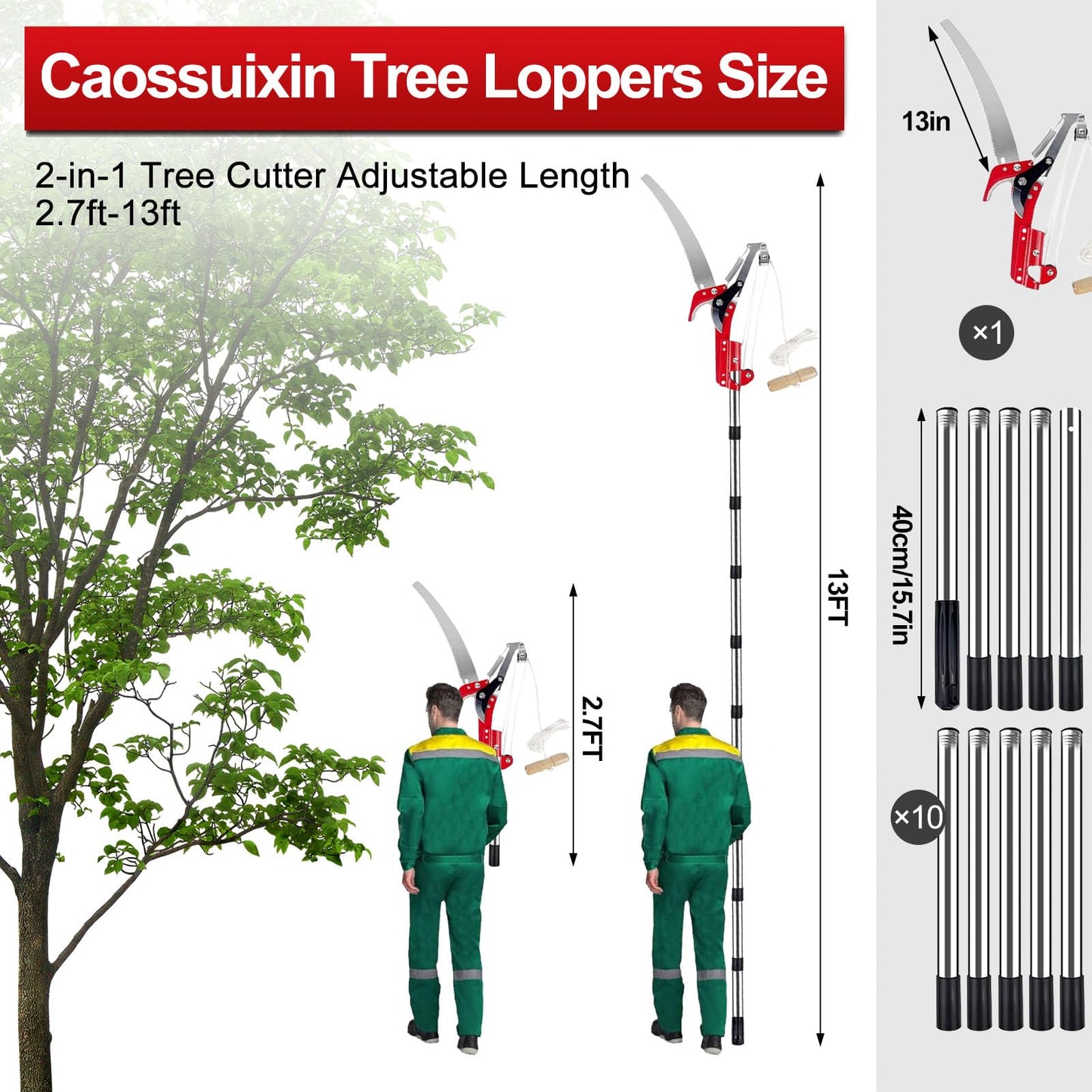 Caossuixin 2 in 1 Telescopic Tree Loppers Long Reach, 2.7ft-13ft Long Reach Tree Pruner with Extendable Handle, Branch Cutters Pole Saw loppers for Yard Garden Patios Trees Branches Cutting