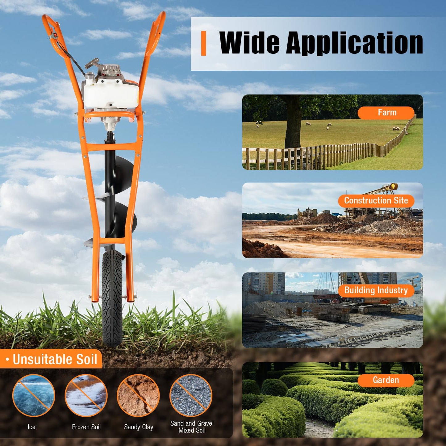 MEHOOSPVN 63cc 2-Stroke Petrol Earth Drill Fence Post Ground Hole Drill 3HP -11" Drill Bit Earth Auger Borer Ground Drill cart excavator w/1200ml fuel tank Garden Auger Hole Petrol Hole Digger Orange