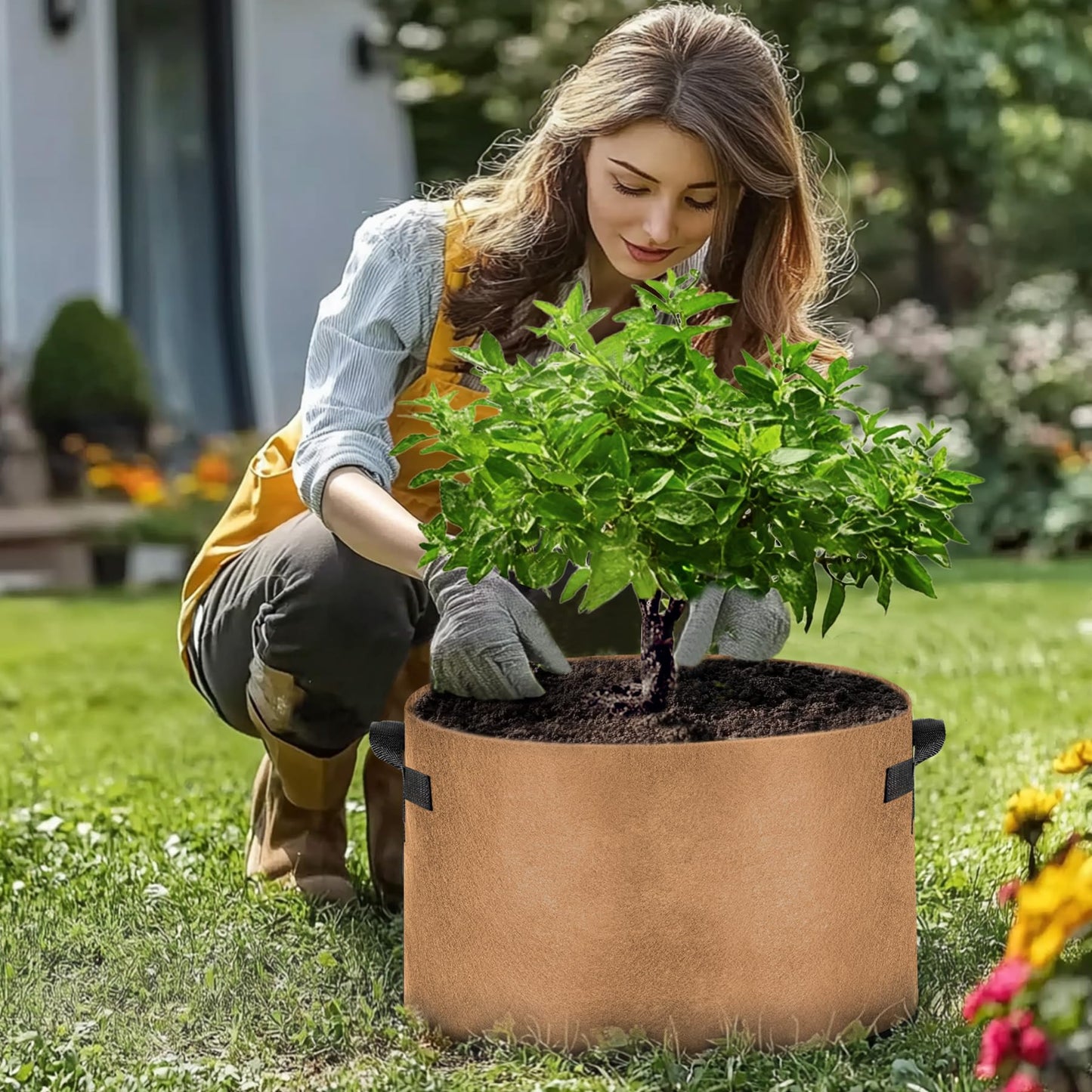 T4U 5-Pack 15 Gallon Fabric Plant Grow Bags, Heavy Duty Smart Growing Bag with Handle, Thickened Breathable Nonwoven Growbag Planter, Large Fabric Pots for Potato Tomato Vegetable Bonsai Tree Outdoor