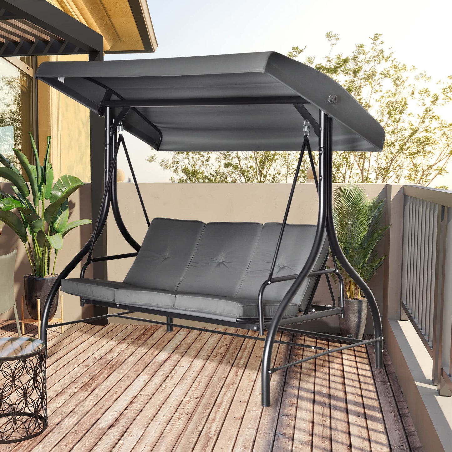 Outsunny 3 Seater Canopy Swing Chair Porch Hammock Heavy Duty 2 in 1 Garden Bench Lounger Bed with Metal Frame, Removable Cushion - Dark Grey