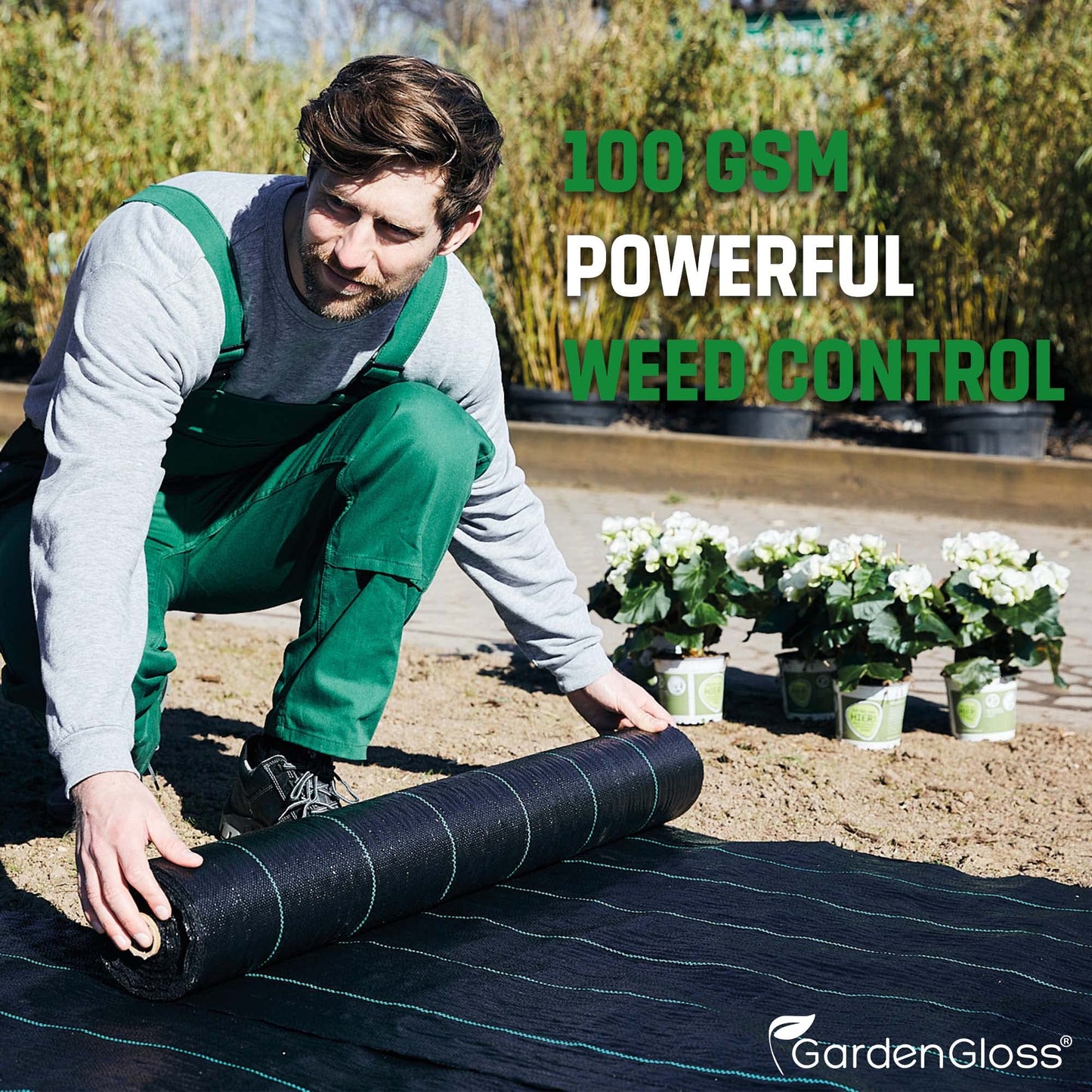 GardenGloss 50m2 Weed Control Membrane (100gsm) - Water Permeable and Tearproof Weed Barrier Fabric - Weed Control Fabric with High UV-Stabilisation (50m x 1m, 1 roll)