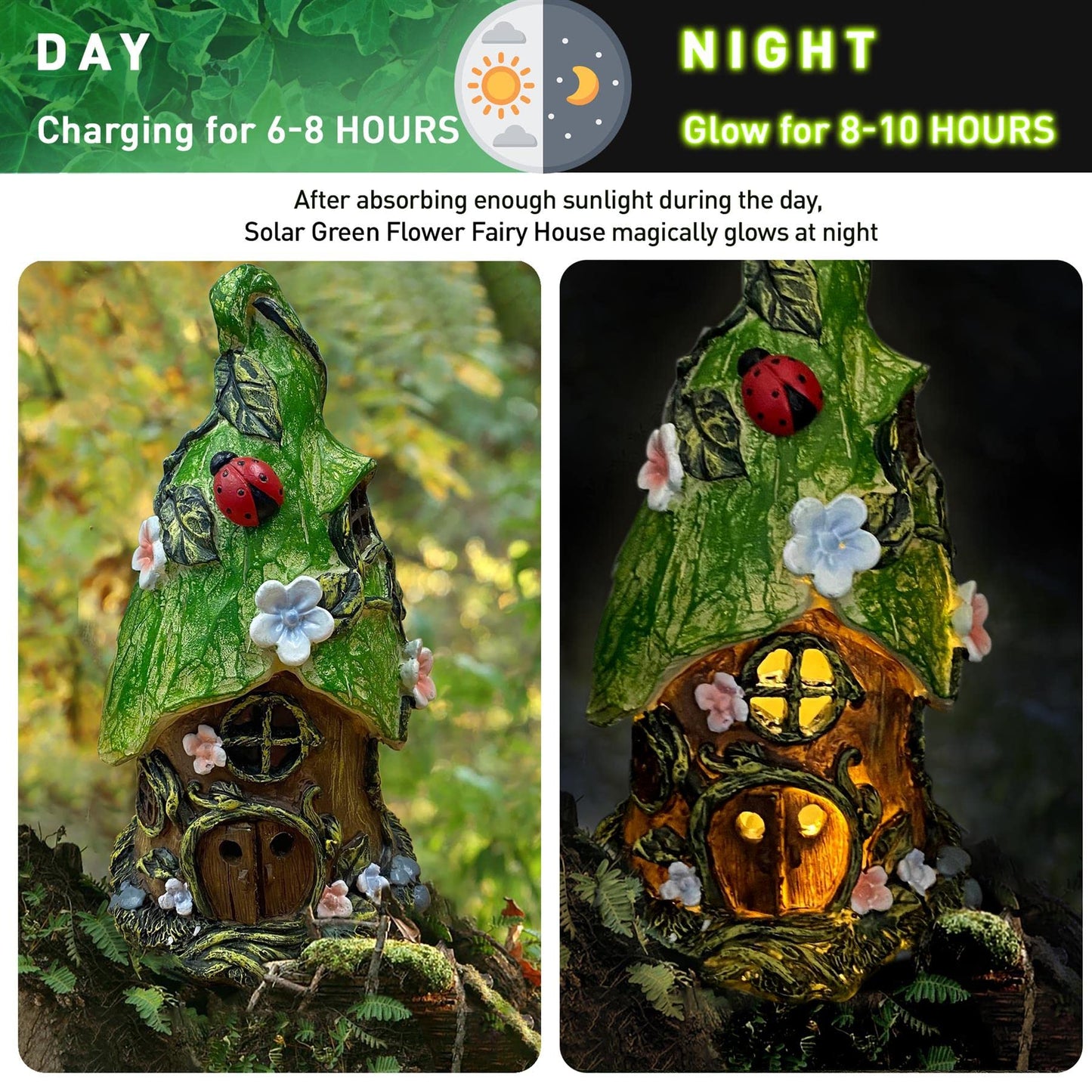 THE ENCHANTED GARDEN Fairy House Green Flower Ornament Outdoor Decoration Fairy Garden Accessories Statue Elf Pixie Fairies Home