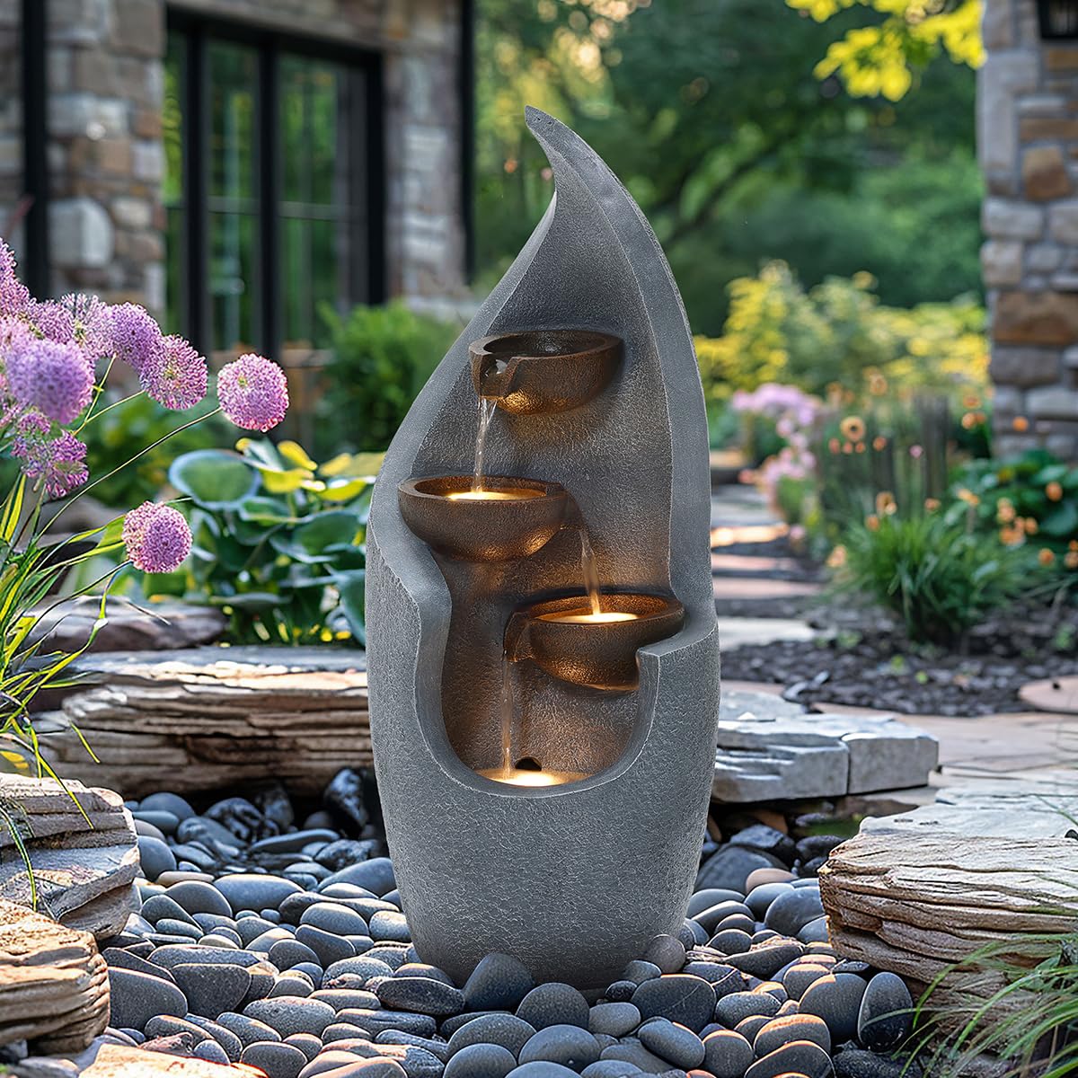 CHARLES BENTLEY 3 Tier Water Feature, UV Resistant, Weather Resistant, Mains Powered, Plug Included, Frost Resistant, Modern, Water Fountain, Built In LED Lights, Bronze, Polyresin (67x27.5x27cm)