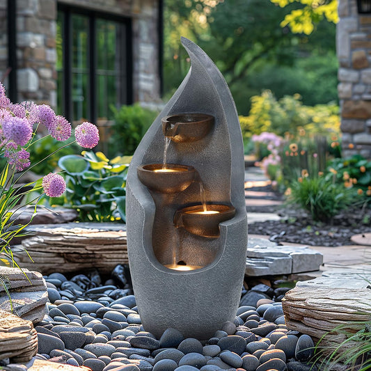 CHARLES BENTLEY 3 Tier Water Feature, UV Resistant, Weather Resistant, Mains Powered, Plug Included, Frost Resistant, Modern, Water Fountain, Built In LED Lights, Bronze, Polyresin (67x27.5x27cm)