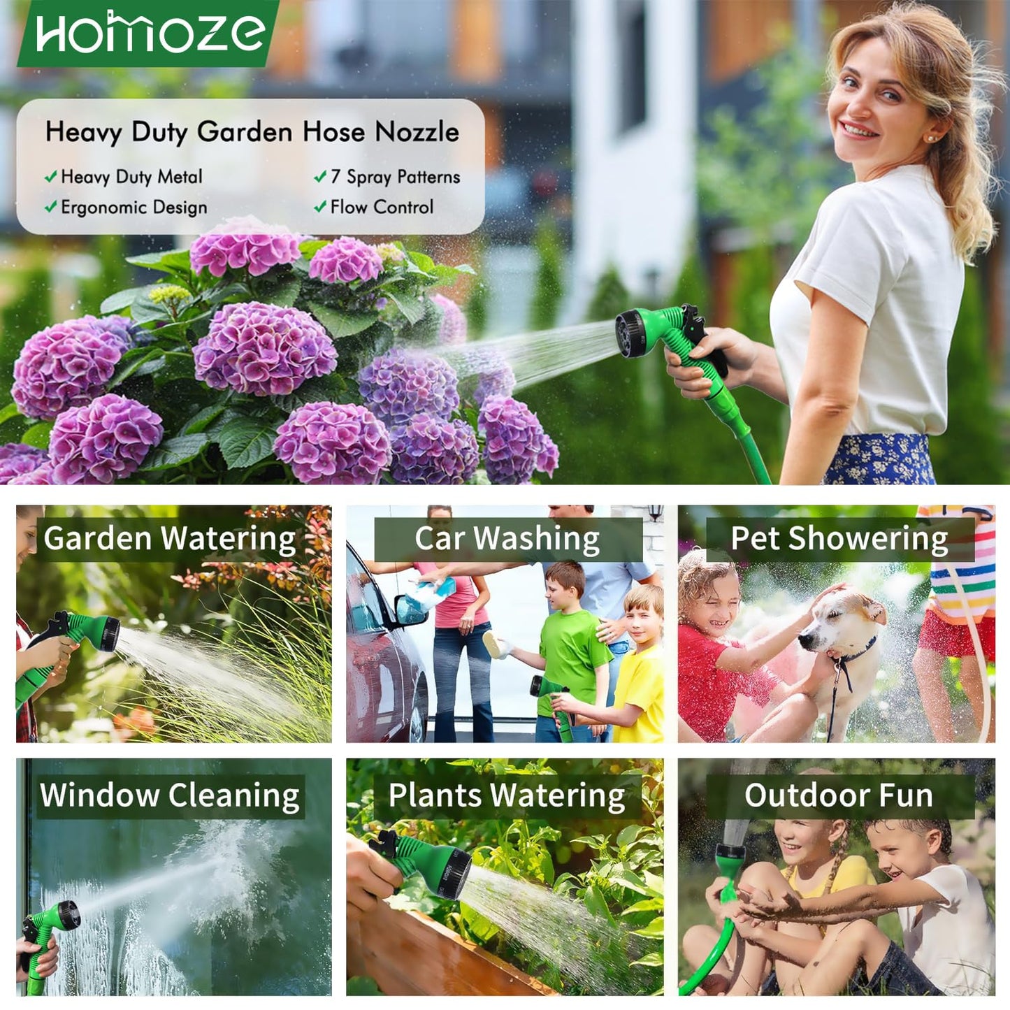 HOMOZE Garden Hose Pipe Expandable Garden Hose with 3/4", 1/2" Fittings, Anti-Leakage - Flexible Expanding Hose with 7 Function Spray Nozzle (50FT, Green)