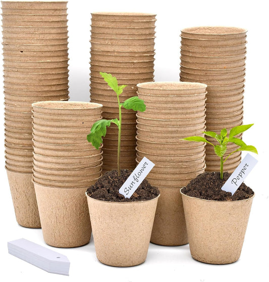 LATERN 100Pcs 8CM Biodegradable Fibre Seed Pots for Seedling and Transplanting with 100Pcs Plastic Plant labels (White 5cm x1cm)