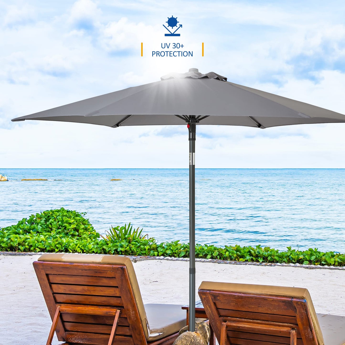 SUNMER 2M Garden Parasol, Sun Shading Umbrella, Easy Open/Close Push Up with Tilt, Water Repellent Polyester, Powder-Coated Steel Frame, UV 30-, Pole Width 32mm - Grey