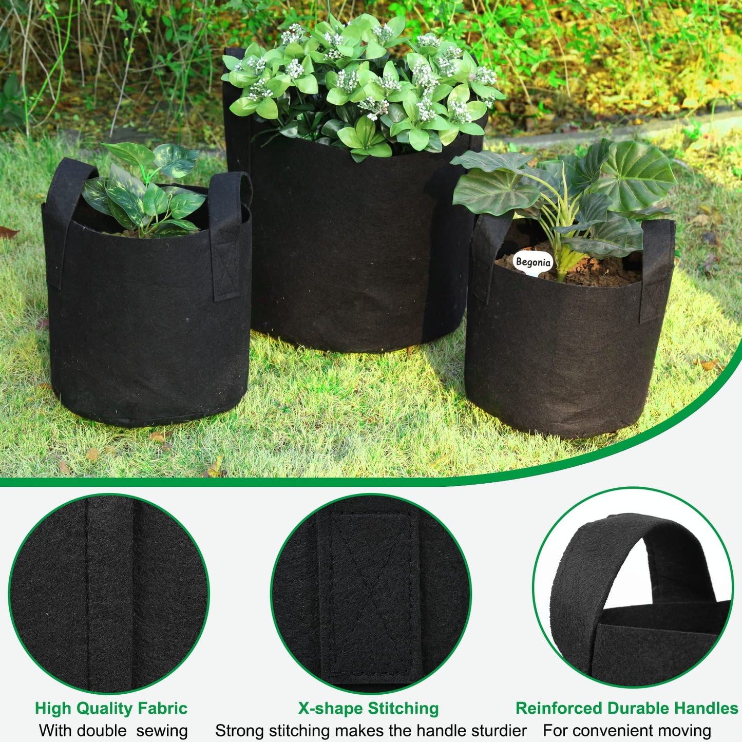 JERIA 12-Pack 3 Gallon, Vegetable/Flower/Plant Grow Bags, Aeration Fabric Pots with Handles (Black) ，Come with 12 Pcs Plant Labels