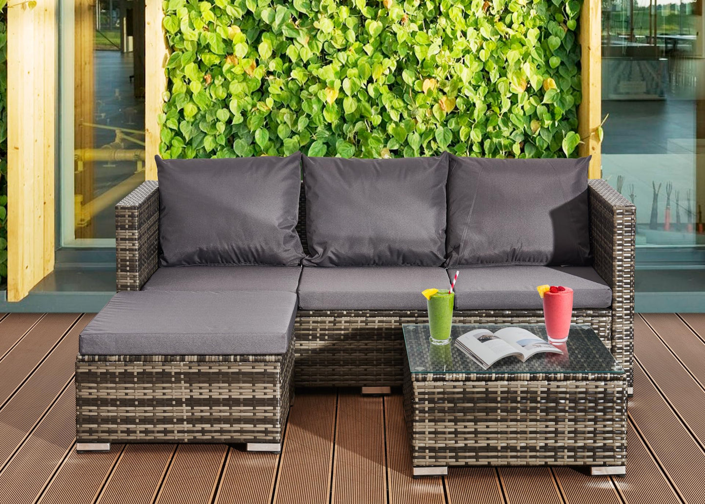 XEO HOME MIX Grey Rattan Garden Furniture Sofa Set 4piece Corner L Shaped Patio 3-Seater with Seating & Backrest Cushions & 1 Ottoman Foot Stool & Coffee Table with Top Glass (4PC L-Shaped Sofa)