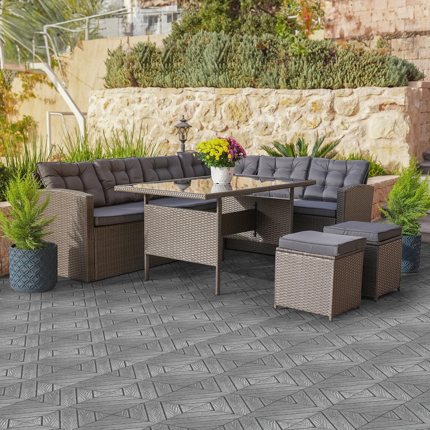 Bonnlo Composite Garden Decking Tiles, 27 Pcs Plastic Outdoor Flooring, 30x30cm Patio Paving Slabs Decking Squares Indoor & Outdoor Grey (Grey)