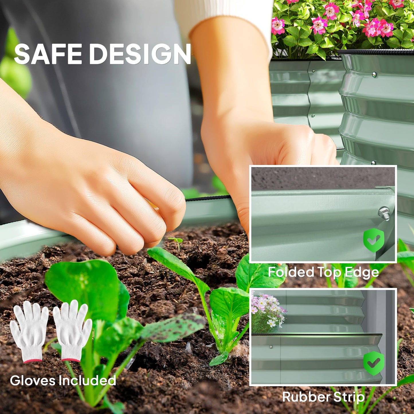 Outsunny 2-Tier Raised Garden Bed, Outdoor Galvanised Planter Box with Safety Edging and Gloves, Metal Raised Bed with Open Bottom for Vegetables, Flowers, Fruits and Herbs, Light Green
