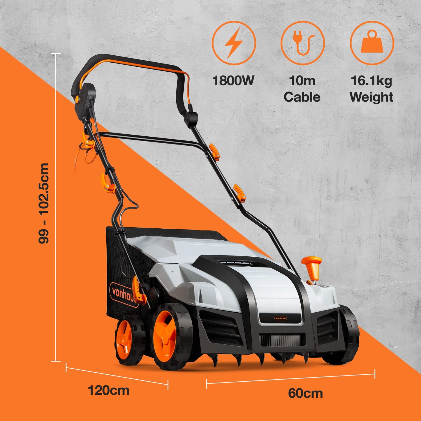 VonHaus Lawn Scarifier, Grass Rake, Aerator 1800W – Electric, 10m Cable, 55L Collection Box, 5 Depth Settings, 38cm Working Width, 2 Interchangeable Rollers, Folding Design – 2 Year Warranty