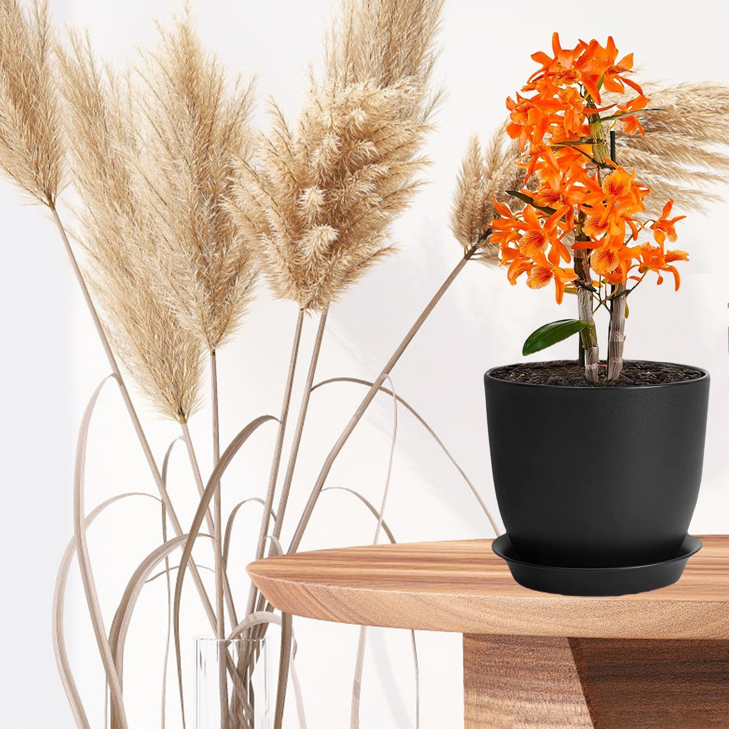 PROFIKLA 20cm, 18cm, 16cm Plastic Plant Pots, Plant Pots with Drainage Holes and Saucers, A Set of 3 Flower Pots, Modern Decorative Planters, Black