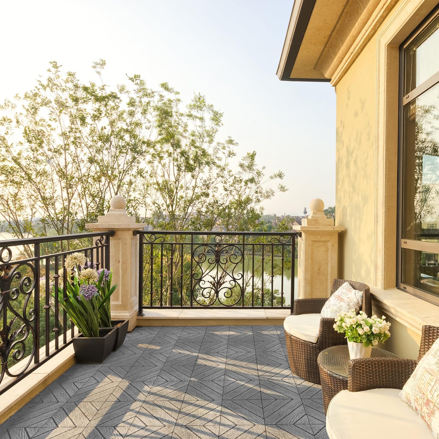 Bonnlo Composite Garden Decking Tiles, 27 Pcs Plastic Outdoor Flooring, 30x30cm Patio Paving Slabs Decking Squares Indoor & Outdoor Grey (Grey)