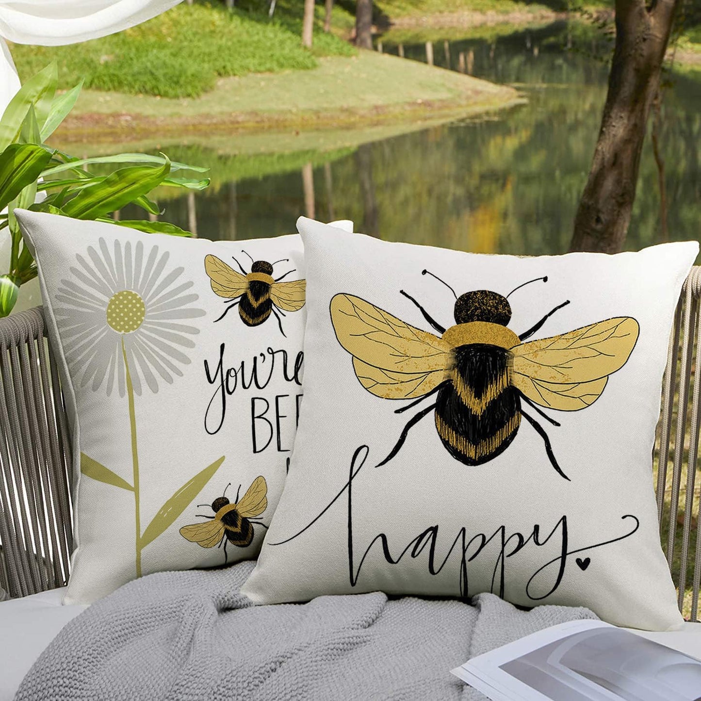 KUNQIAN Bee Cushions Cover Outdoor Waterproof Cushions Yellow Bee Pillow Covers Set of 4 Home Decorative for Sofa Linen Square Outside Office 18x18 Inch 45x45cm