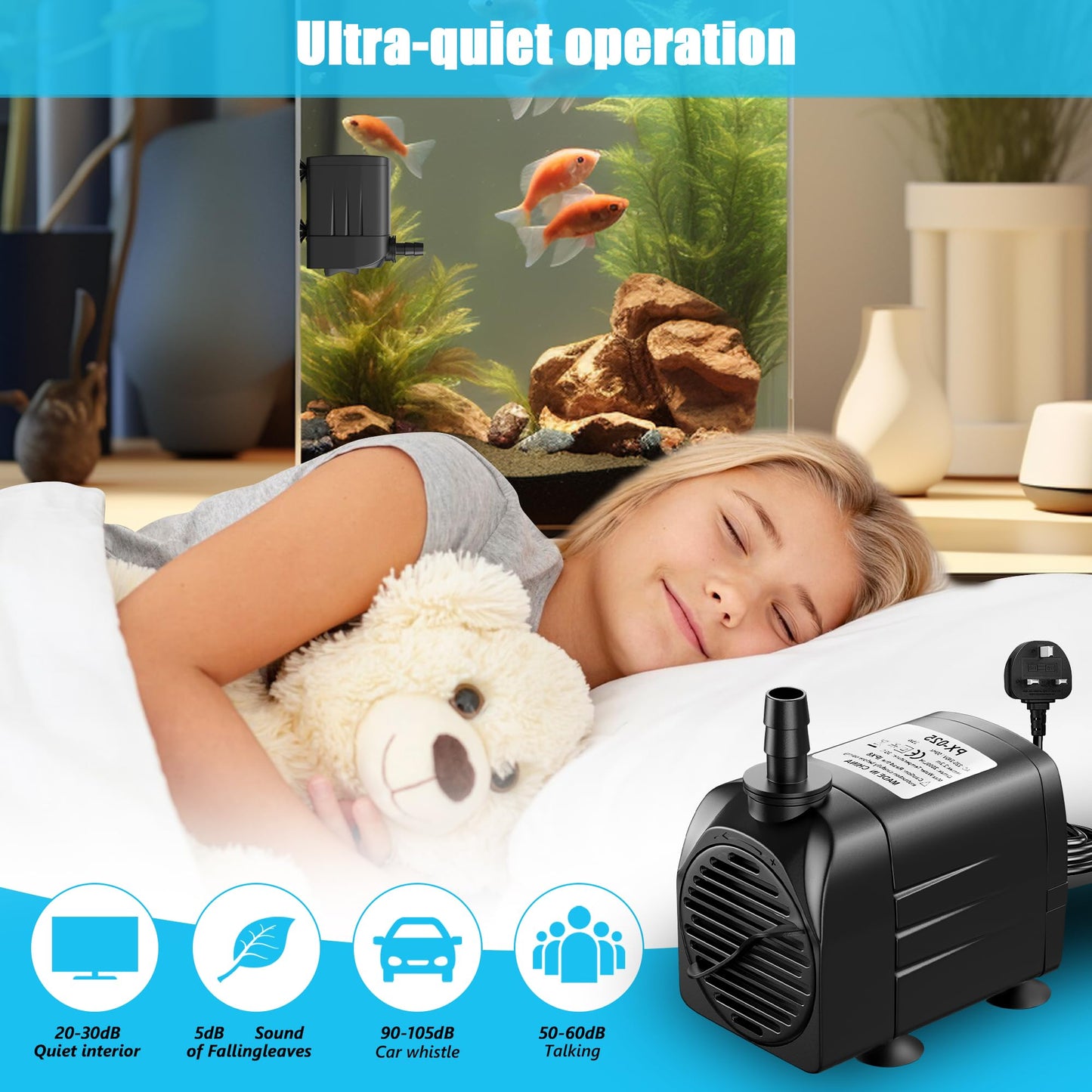 Lnicez Submersible Pump Max 2000L/H 25W, Dry Burning Protection, Ultra Quiet Design, 2.2 m High Lift, Fountain Pump for Hydroponics, Ponds, Aquariums,Garden & More PX-025 (No Light)