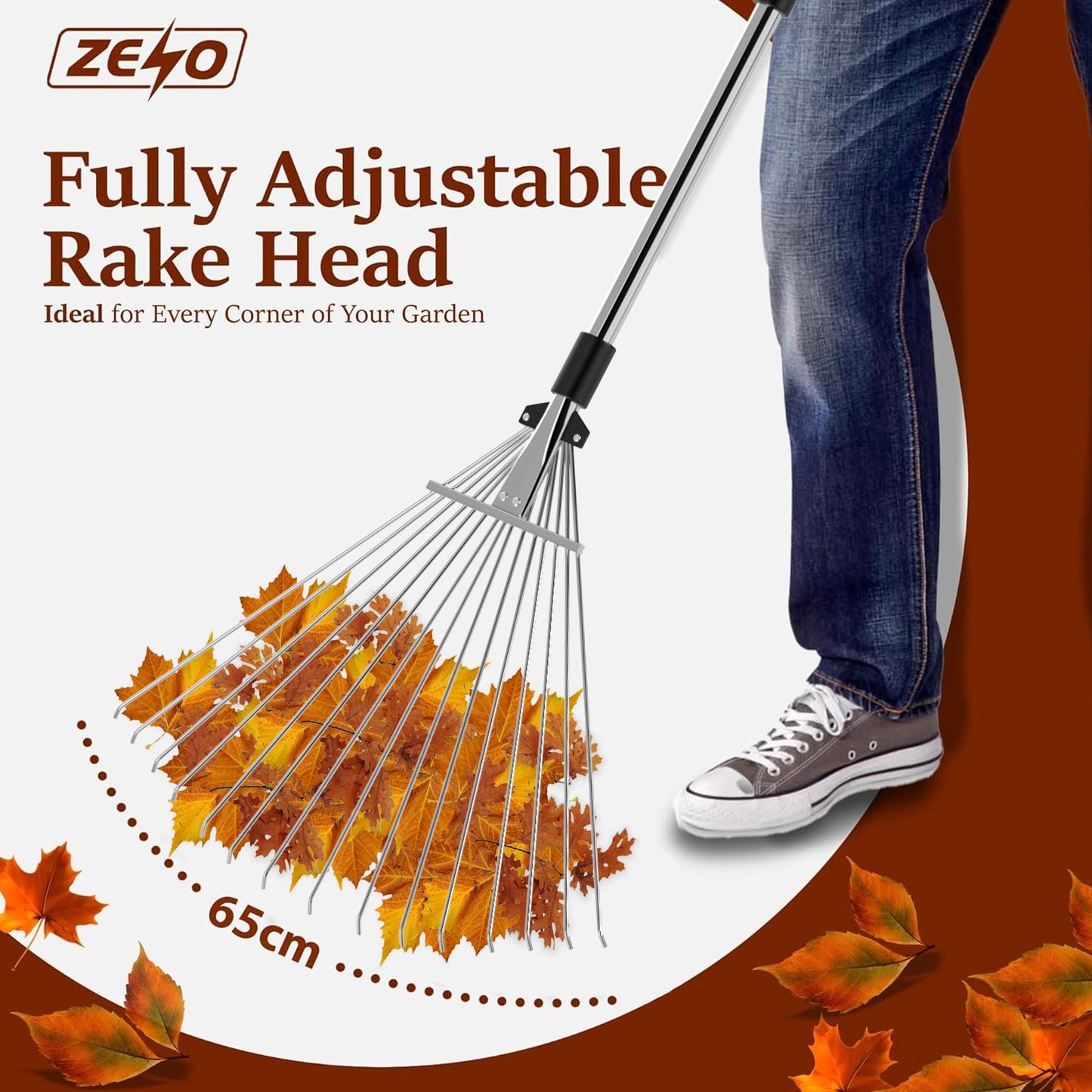 ZENO Garden Rake 25 Tines | Rake for Gardening | 31-67 Inch Adjustable Rakes for Lawns, Artificial Grass & Moss | Heavy Duty Metal Tines & Comfortable Handle | Collapsible Garden Rakes | Silver