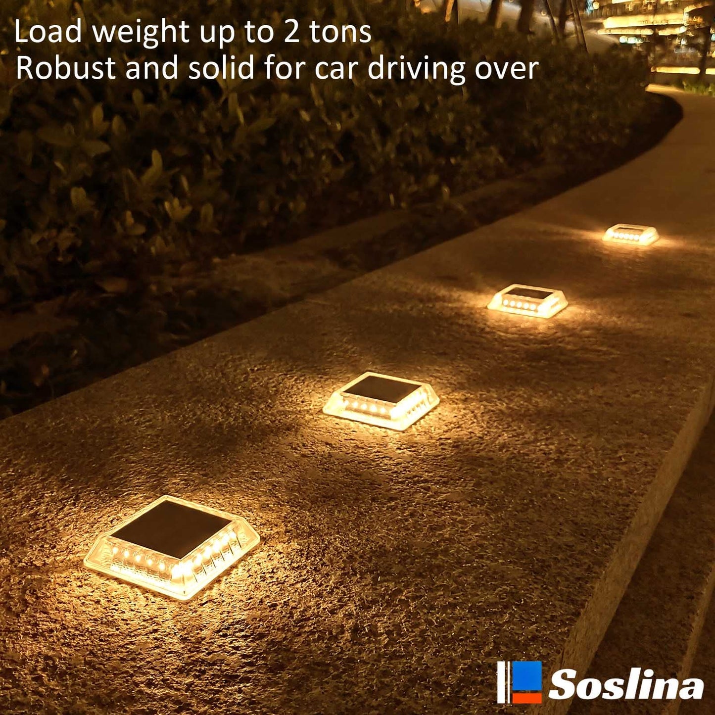 Soslina Solar Decking Lights, Solar Ground Lights Outdoor Garden, Solar Powered Step Lights Waterproof, Solar Lights for Garden Sidewalk Runway Fence Patio Pathway Driveway Dock, Warm White, 4 Pack