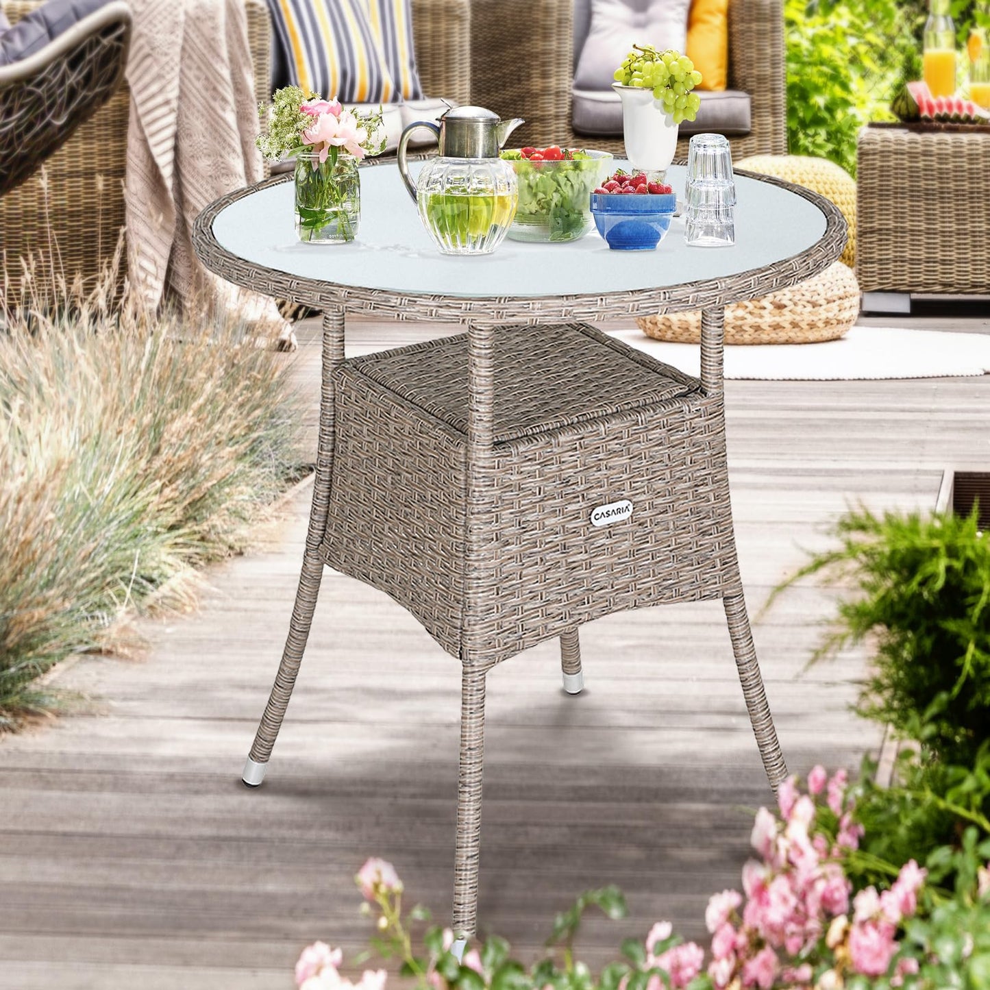 CASARIA® Round Coffee Table | Garden Table With Frosted Safety Glass Plate | Poly Rattan Outdoor Side Table | Weatherproof Patio Furniture | Balcony Bistro Cafe | 60cm | Beige