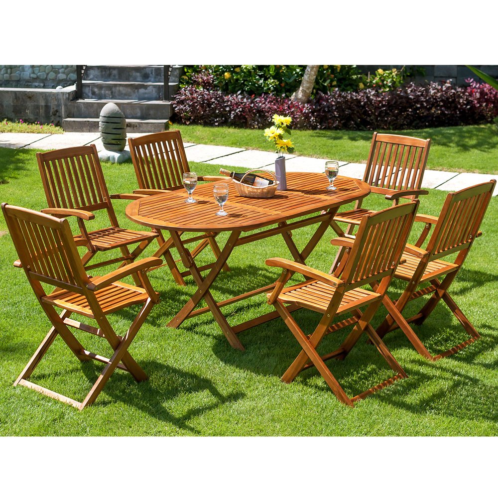 CASARIA® Boston Oval Dining Table and 6 High Back Chairs | FSC®-Certified Acacia Wood | Folding Conservatory Patio Outdoor Furniture Set | Weather Resistant | 160 x 85 cm