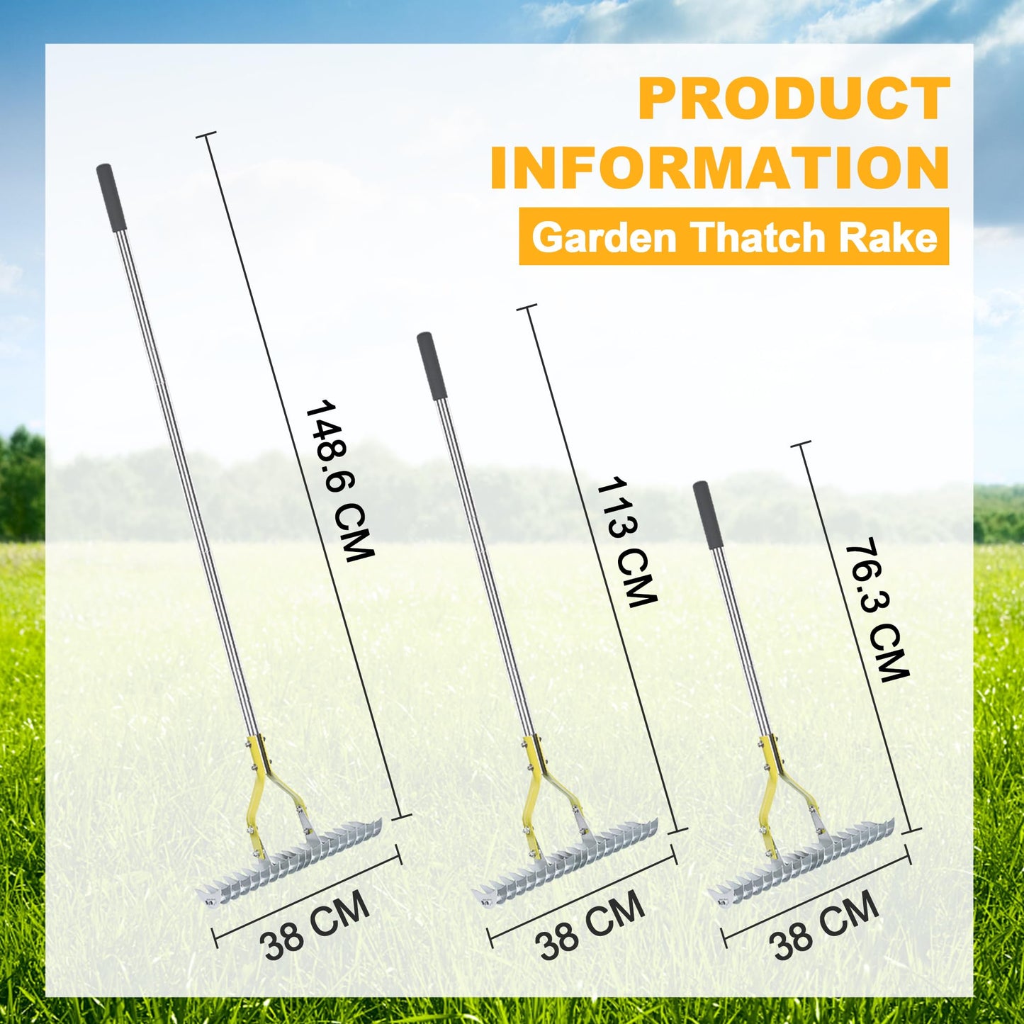 BARAYSTUS Straw Rake, Lawn Rake with 148 cm Adjustable Long Handle Robust Garden Leaf Grabber Made of Carbon Steel, Multi-Purpose Lawn Comb for Weeding, Fertilising Lawn Thatching Rake Cleaning Dead