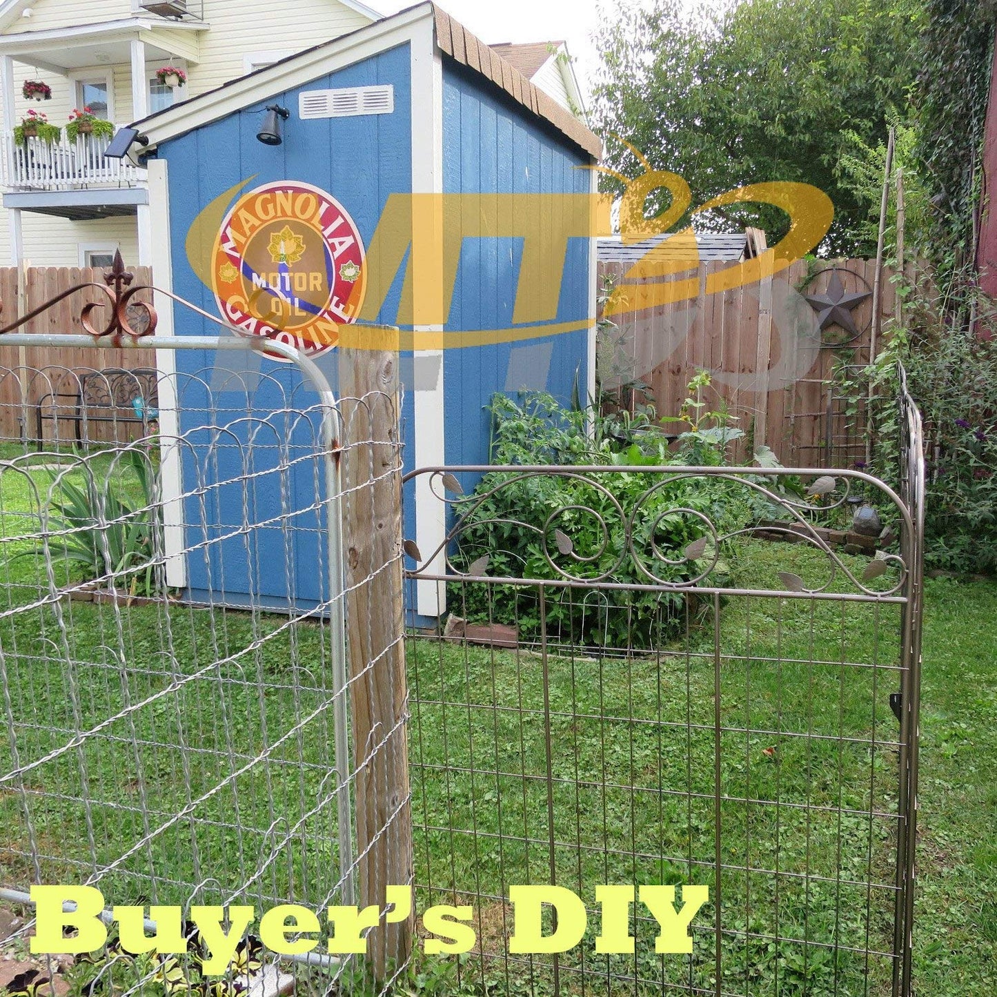 MTB Black Coated Metal Side Outdoor Patio Gate Steel Decorative Garden Fence Panel 112cm Hx 91cm W (4 Pack, Linear Length 12 feet) 8 Leaves, Metal Border Folding Fence