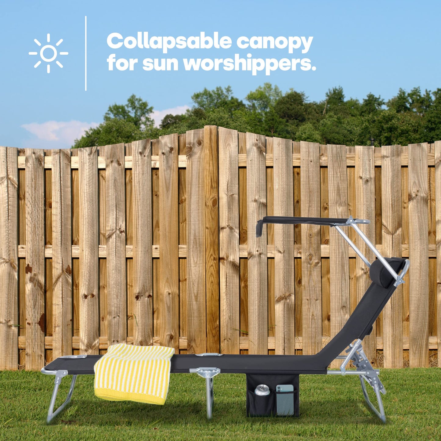 LIVIVO Folding Sun Lounger with Adjustable Back and Leg Rests, Adjustable Sunshade and Side Pockets – Relax in Comfort and Style – Folding Lightweight Frame (Black)