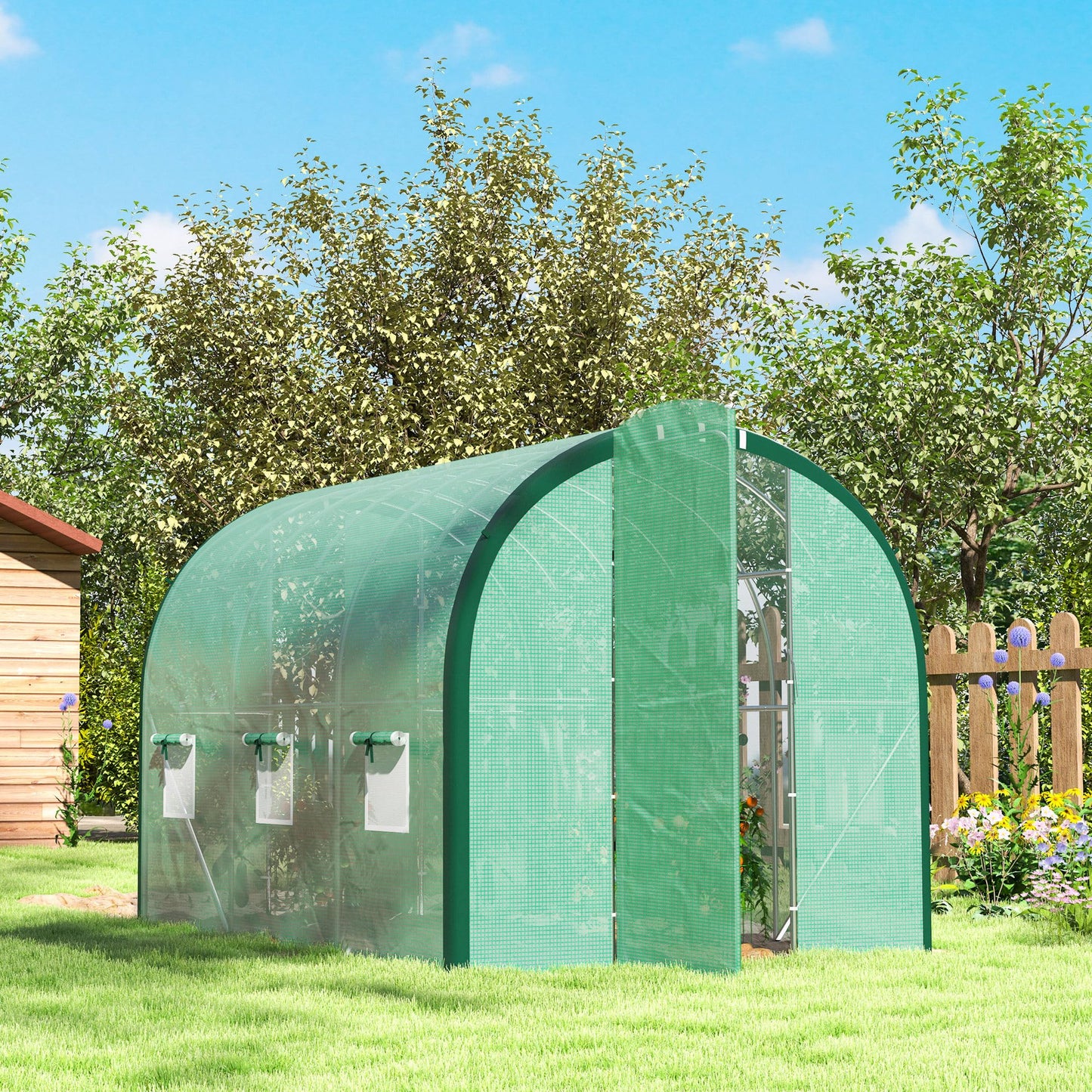 Outsunny 3 x 2(m) Walk-in Polytunnel Greenhouse with Upgraded Structure, 2 Hinged Doors, 6 Mesh Windows, Tunnel Warm House Tent with UV-resistant PE Cover, Green