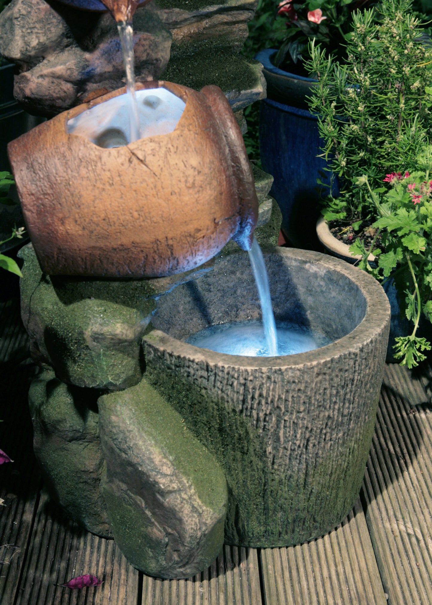 Primrose 68cm Cottage Honey Pots & Barrel Self Contained Rustic Outdoor Water Feature with LED Lights
