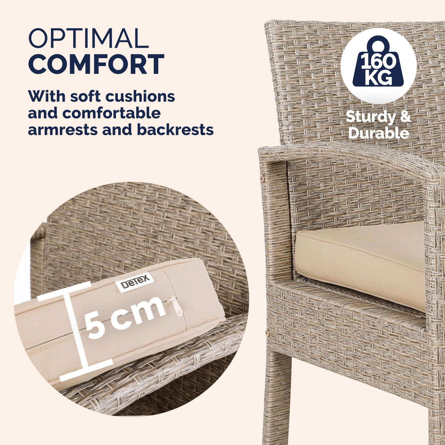 CASARIA® 7pc Weatherproof Polyrattan Garden Furniture Set | Suitable for up to 4 People | Outdoor Patio Seating Group with 2 Armchairs, Bench, 3 Cushions, & Frosted Glass Top Table | Cream
