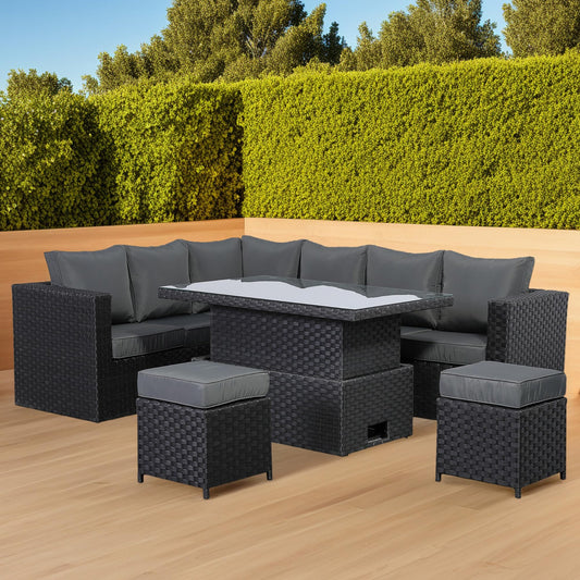 Club Rattan Rattan Corner Sofa Set Rattan Garden Furniture Set Patio Corner Sofa Set with Rising Table and Washable Cushions (black, 8 seats)