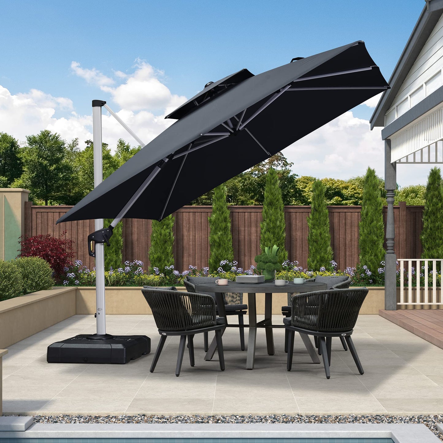 PURPLE LEAF 3 X 3 M Garden Cantilever Parasol, Large Square Overhanging Patio Umbrella with Crank Handle and Tilt for Balcony and Outdoor, Gray