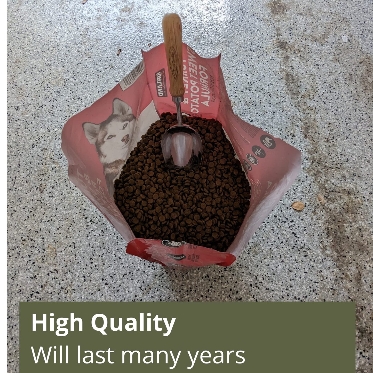 Giant 13.5” Stainless Steel Scoop with Long, Beautiful Wooden Handle. Perfect for Fertilizer and Compost in the Garden or use with Ice, Dry Goods, Pet Food or Feed. – By Truly Garden