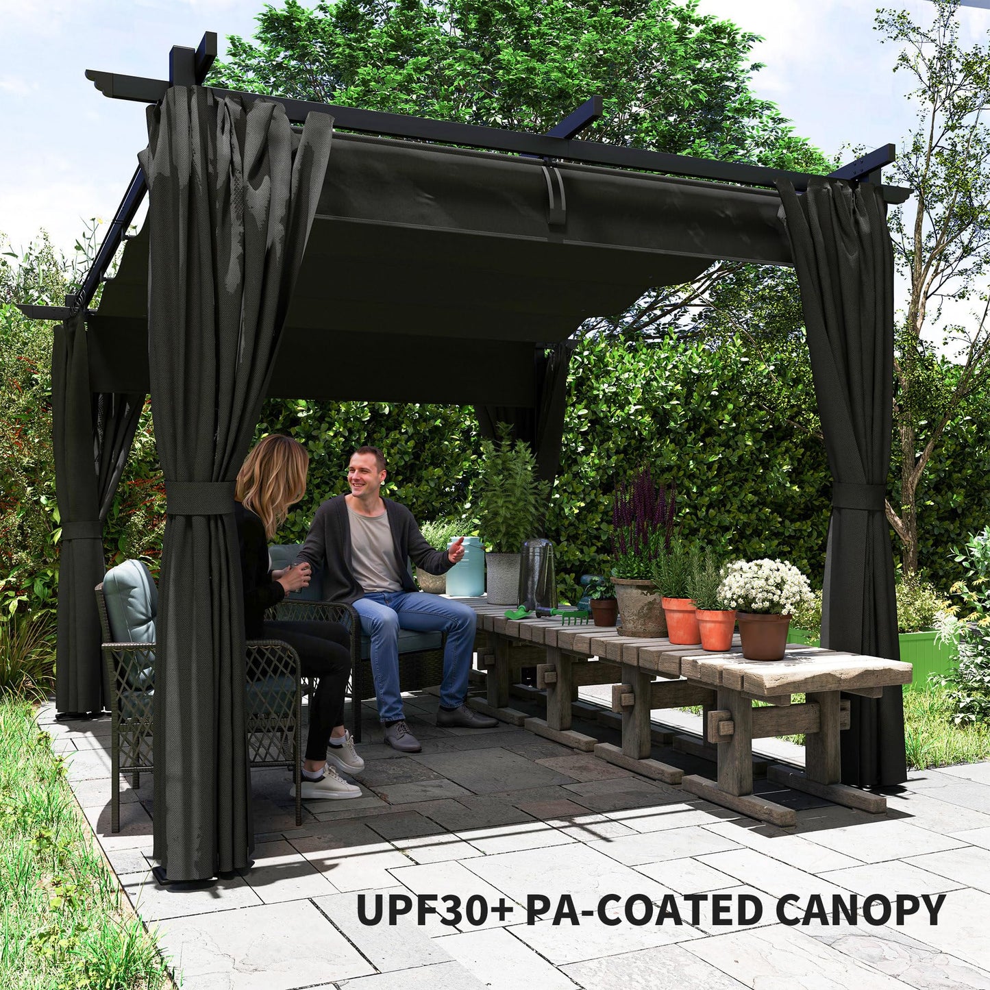 Outsunny 3 x 3(m) Metal Pergola with Retractable Roof and Sidewalls, Garden Gazebo UPF30- Sun Shade Shelter for Outdoor, Patio, Deck, Dark Grey