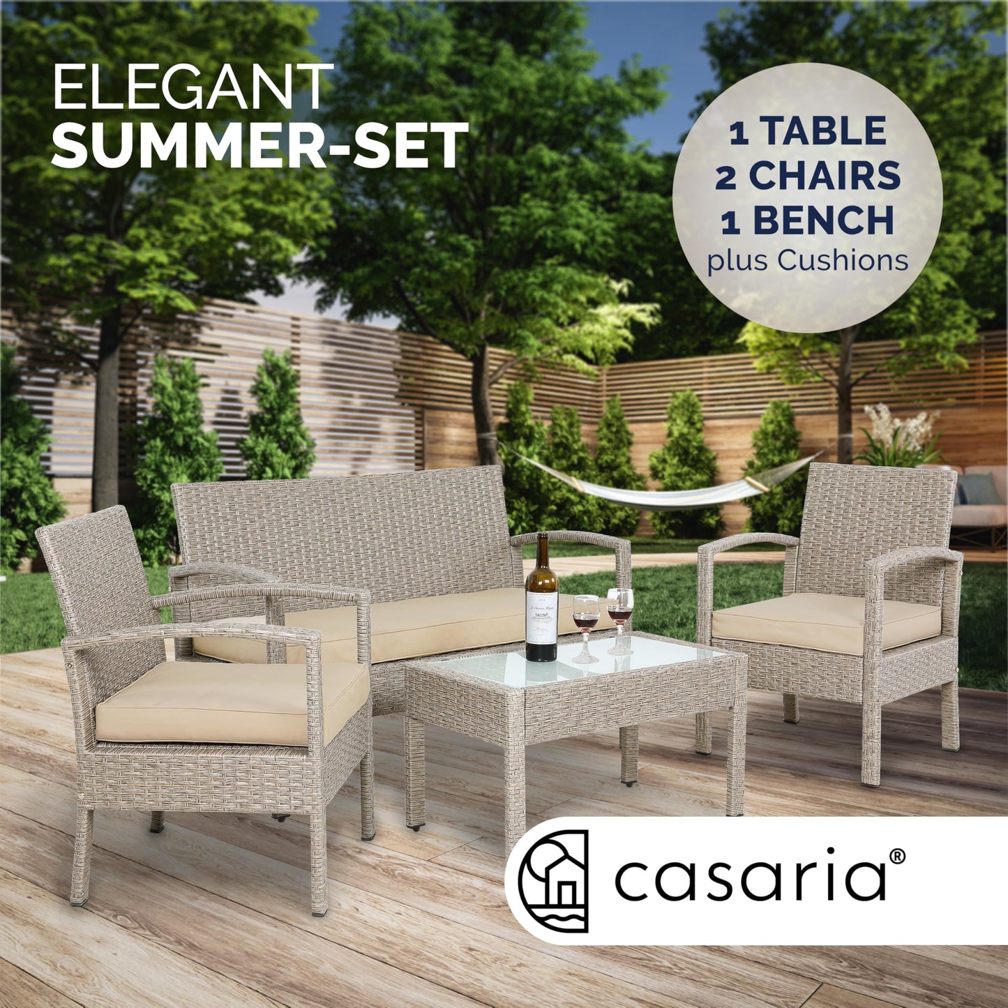 CASARIA® 7pc Weatherproof Polyrattan Garden Furniture Set | Suitable for up to 4 People | Outdoor Patio Seating Group with 2 Armchairs, Bench, 3 Cushions, & Frosted Glass Top Table | Cream