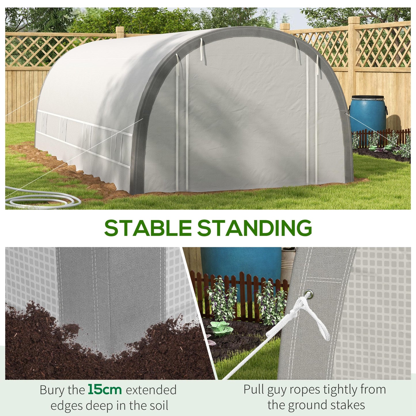 Outsunny 6 x 3(m) Walk-in Polytunnel Greenhouse with Upgraded Structure, Zipped Roll Up Mesh Door, 8 Mesh Windows, Tunnel Warm House Tent with PE Cover, 15 Plant Labels and Gloves, White