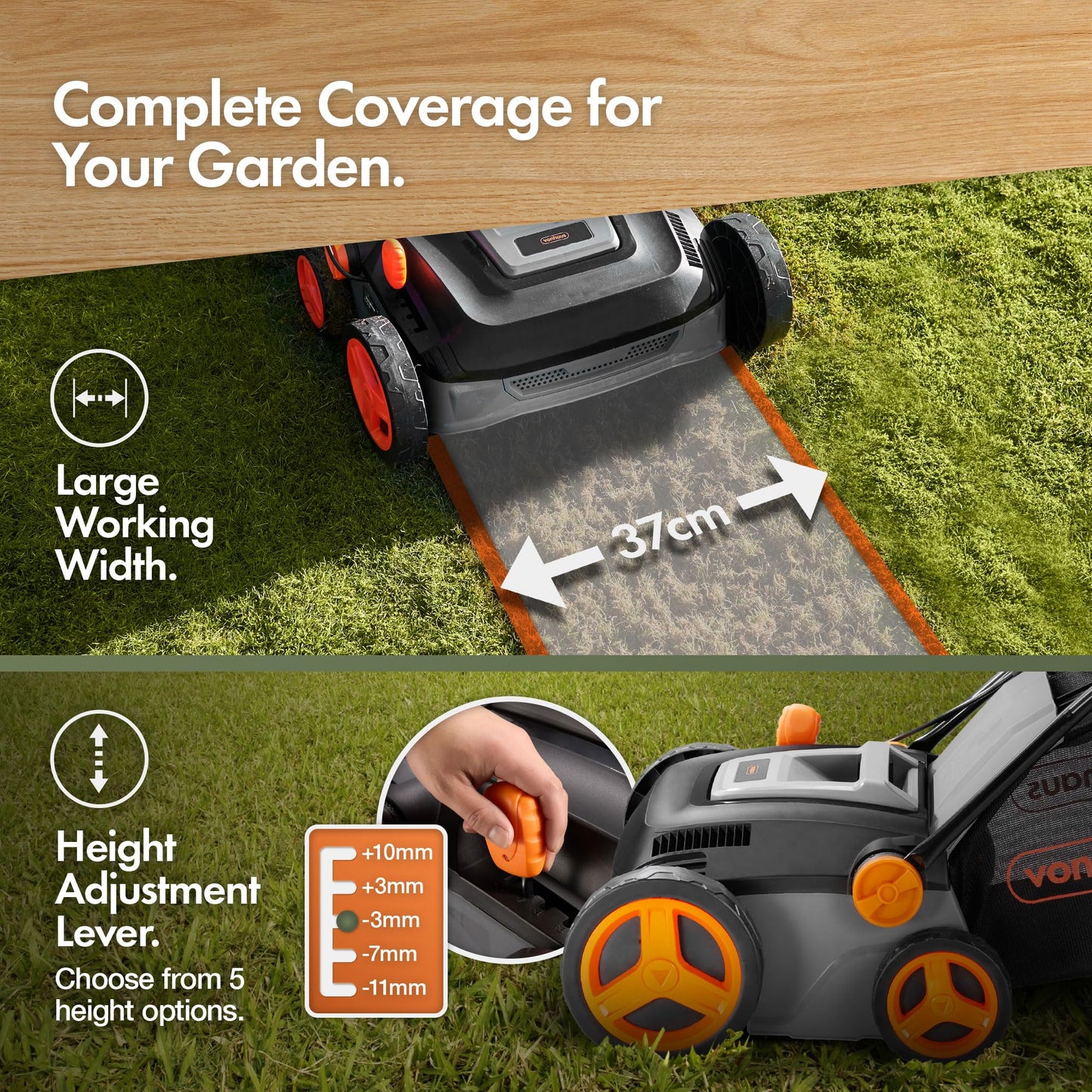 VonHaus Lawn Scarifier/Aerator/Rake Electric 1600W – for Dethatching/Raking Grass of Thatch, Moss, Dead Leaves and Aerates Soil – 45L Collection Box, 10m Cable, 6 Cutting Heights, 37cm Working Width