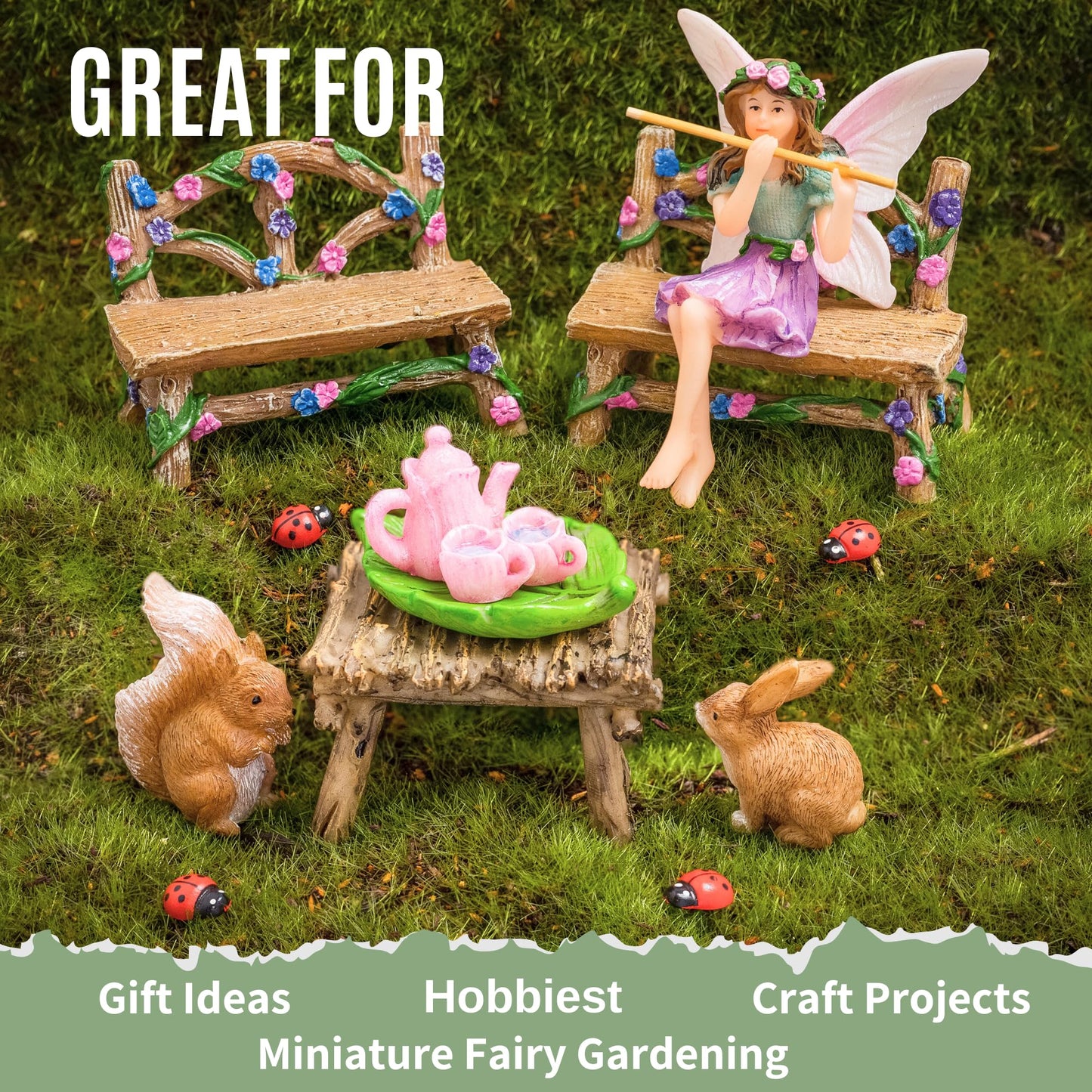 PRETMANNS Fairy Garden Fairy - Fairy Garden Accessories - Miniature Garden Fairies - Small Fairy Figurine for Outdoor Miniature Garden with Fairy Furniture, Squirrel & Bunny 14 Piece