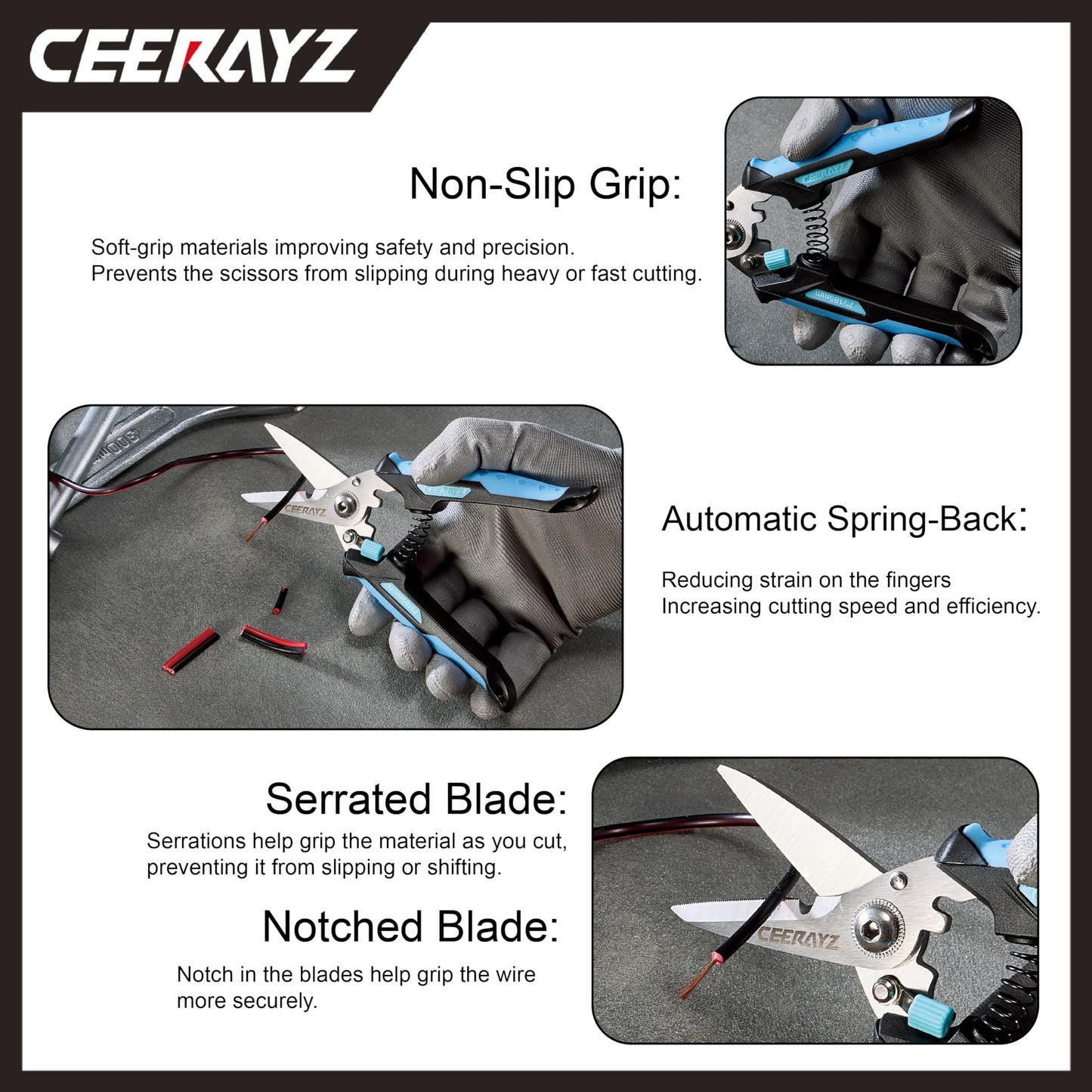 CEERAYZ 185mm Notch Scissors All Purpose Heavy Duty, Garden Shears, Scissors for DIY Projects, Office, Production Lines, Pruning, with Protective Sheath (Black/Blue)