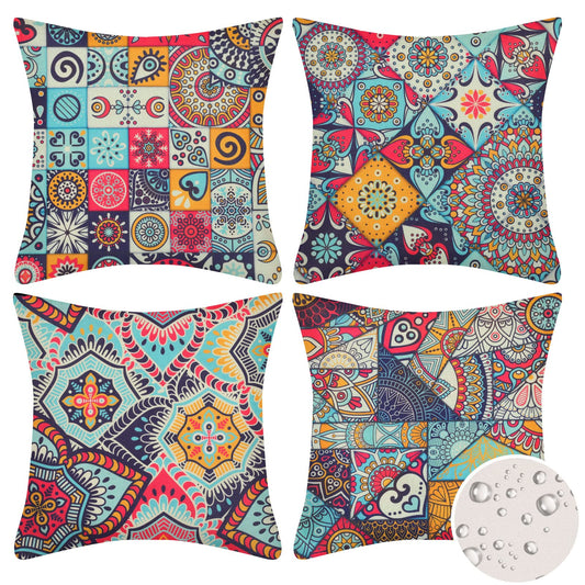 Velvhom Pack of 4 Outdoor Waterproof Cushion Covers 45 x 45cm Ethnic Pillow Case Mandala Floral Throw Pillow Cover Colourful Art Modern Hippy for Garden Patio Bench Sofa Outside Furniture