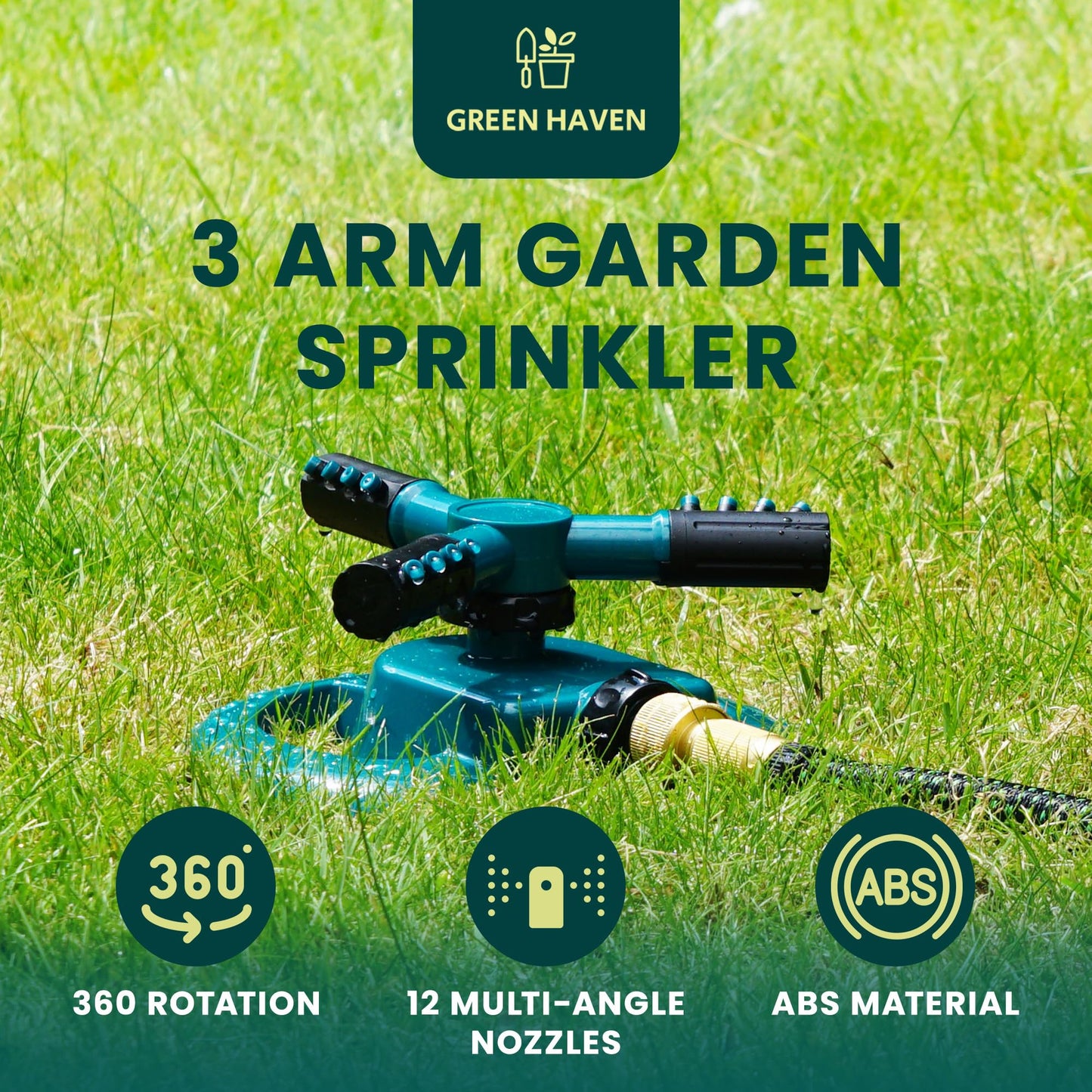 Green Haven Sprinkler 360° Rotation Attachment for Garden Hose, Premium Automatic Lawn Water Sprinkler with 3 Arms, Large Coverage Water Sprinklers for Lawns, Blue Green