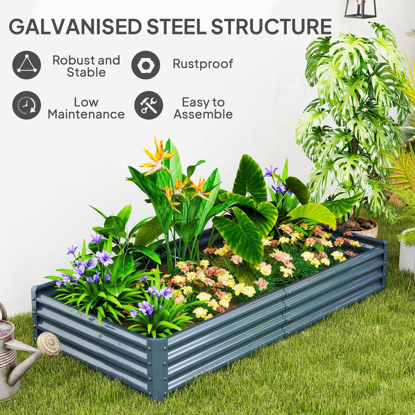 Outsunny Galvanised Raised Garden Bed, 180 x 90 x 30cm Raised Bed with Reinforcing Bars, Outdoor Raised Planter with Open Bottom for Vegetables, Flowers, Herbs, Silver