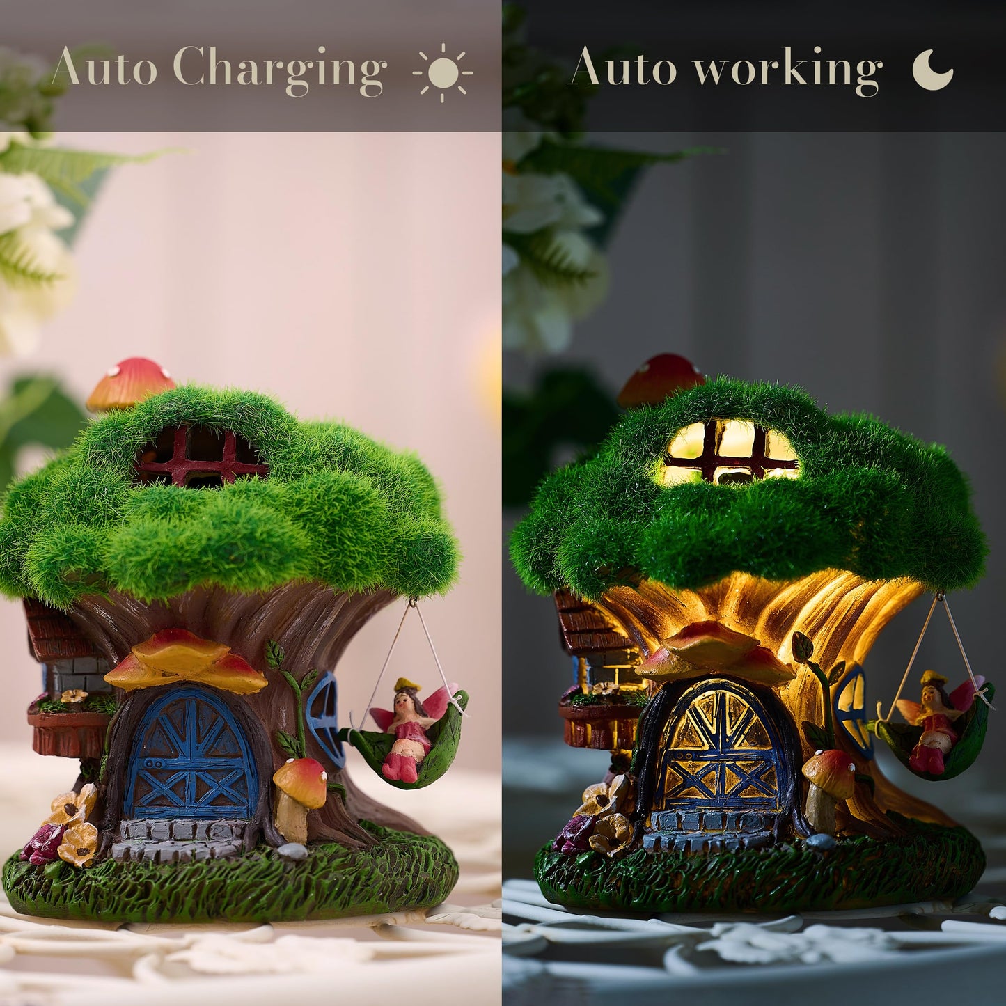TERESA'S COLLECTIONS Garden Ornaments Outdoors, Solar Green Tree House with Swinging Fairy, Waterproof Resin Fairy House Ornaments, Indoor Outdoor 13CM