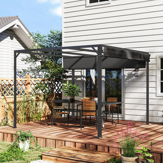 Outsunny 3 x 3(m) Garden Pergola with Retractable Roof Canopy and Roller Shade, Aluminium Pergola Kit Gazebo, UPF30- Sun Shade Shelter for Deck, Porch, Dark Grey
