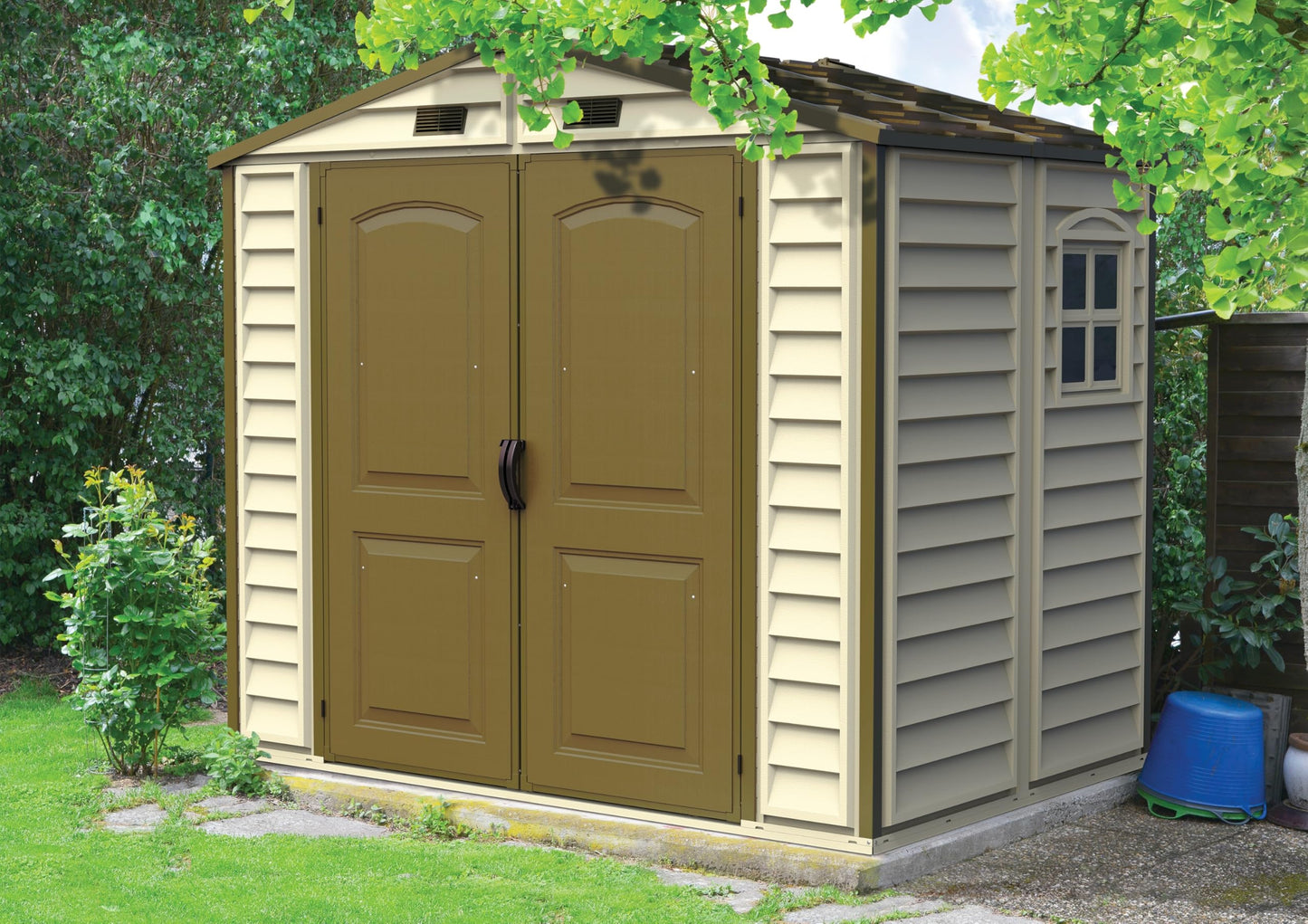 Duramax StoreAll 8 x 6 (4.12 m2) Plastic Garden Storage Shed with 1 Fixed Window & Metal Foundation Kit, Strong Metal Roof Structure Fire Retardant and Maintenance-Free Storage Shed - Ivory/Brown