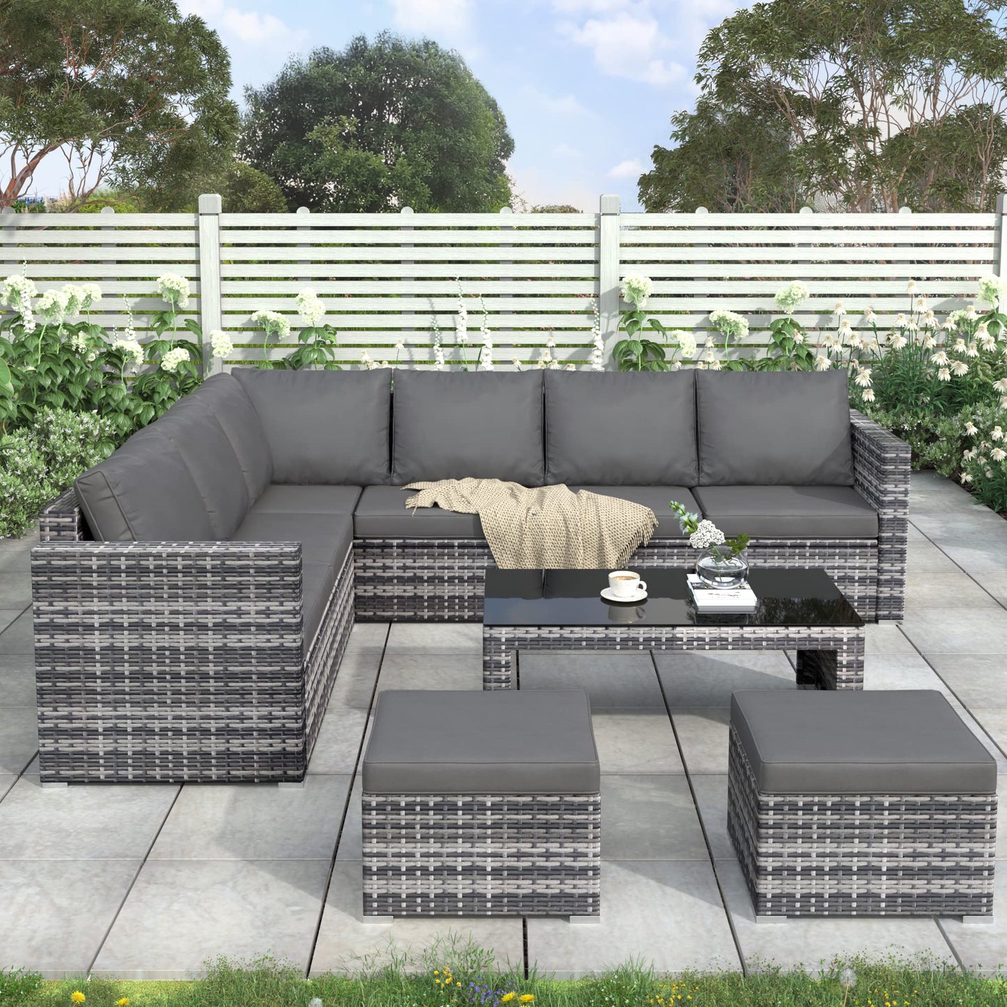 LTGB Garden Furniture Sets, Garden Corner Sofa Set, 8 Seater Rattan Sofa Outdoor Furniture with Coffee table 2 stools【UK Fast Delivery】