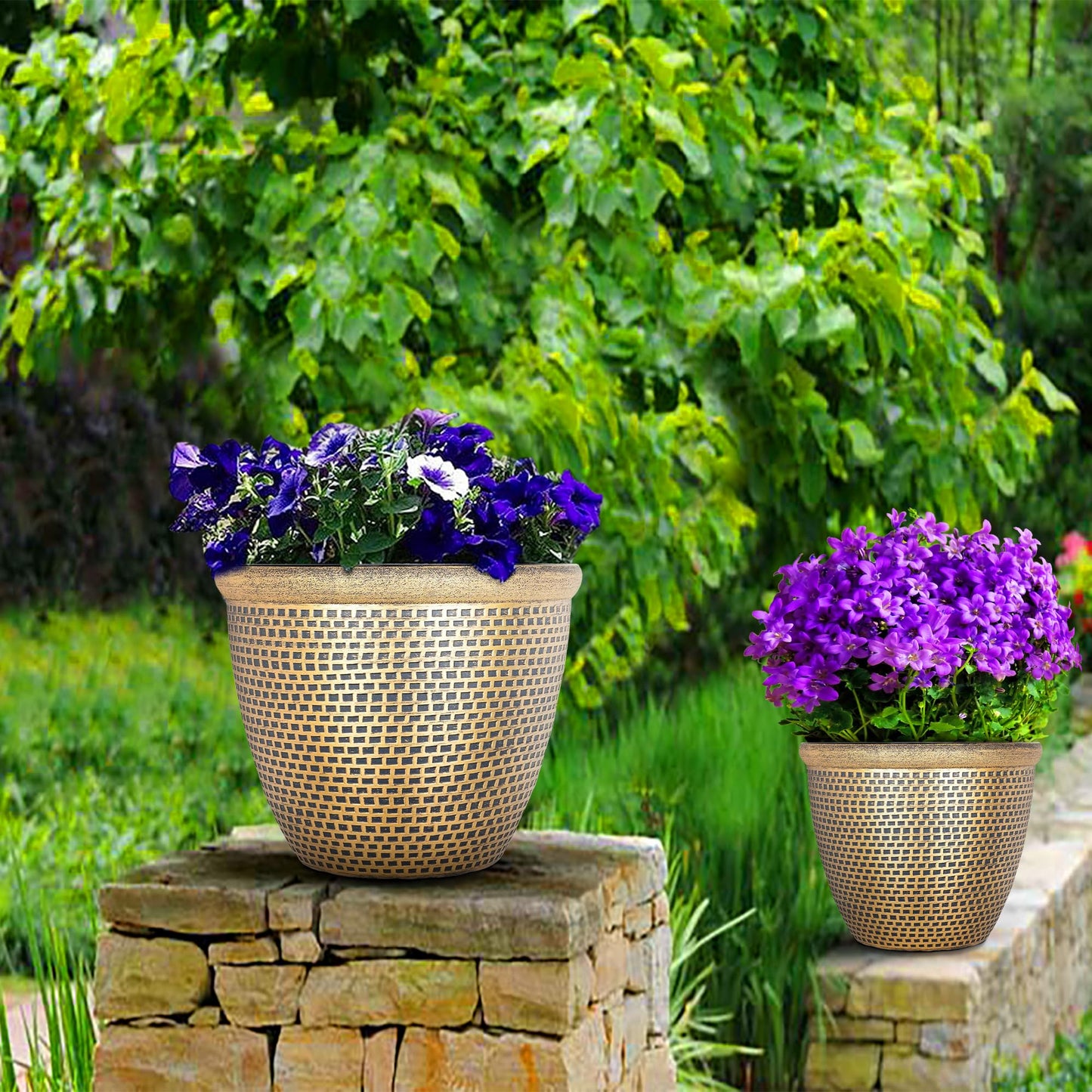 SG Traders 2 X Large Plastic Round Cromarty Plant Pot Flower Pot Planter Garden Decoration Gold 40cm Plant Pot Outdoor Flower Pots Outside Garden Planters Outdoor With Drainage Holes
