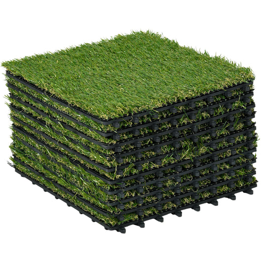 Outsunny 10 Pieces 30 x 30cm Artificial Grass Turf with 25mm Pile Height Non-Toxic Roll Grass Carpet Fake Grass Mat with Drainage Holes UV Resistance for Indoor, Outdoor, Patio, Garden, Lawn, Balcony