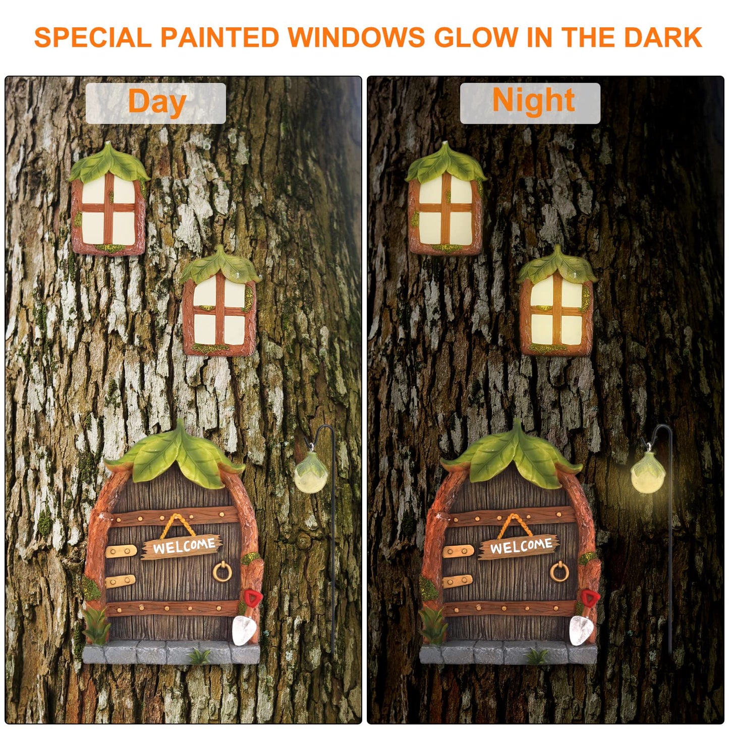 Bemodst Fairy Door, Miniature Garden Ornament with 2 Glowing Windows, Garden Sculpture Tree Decoration, Outdoor Patio Art Tree Decoration Garden